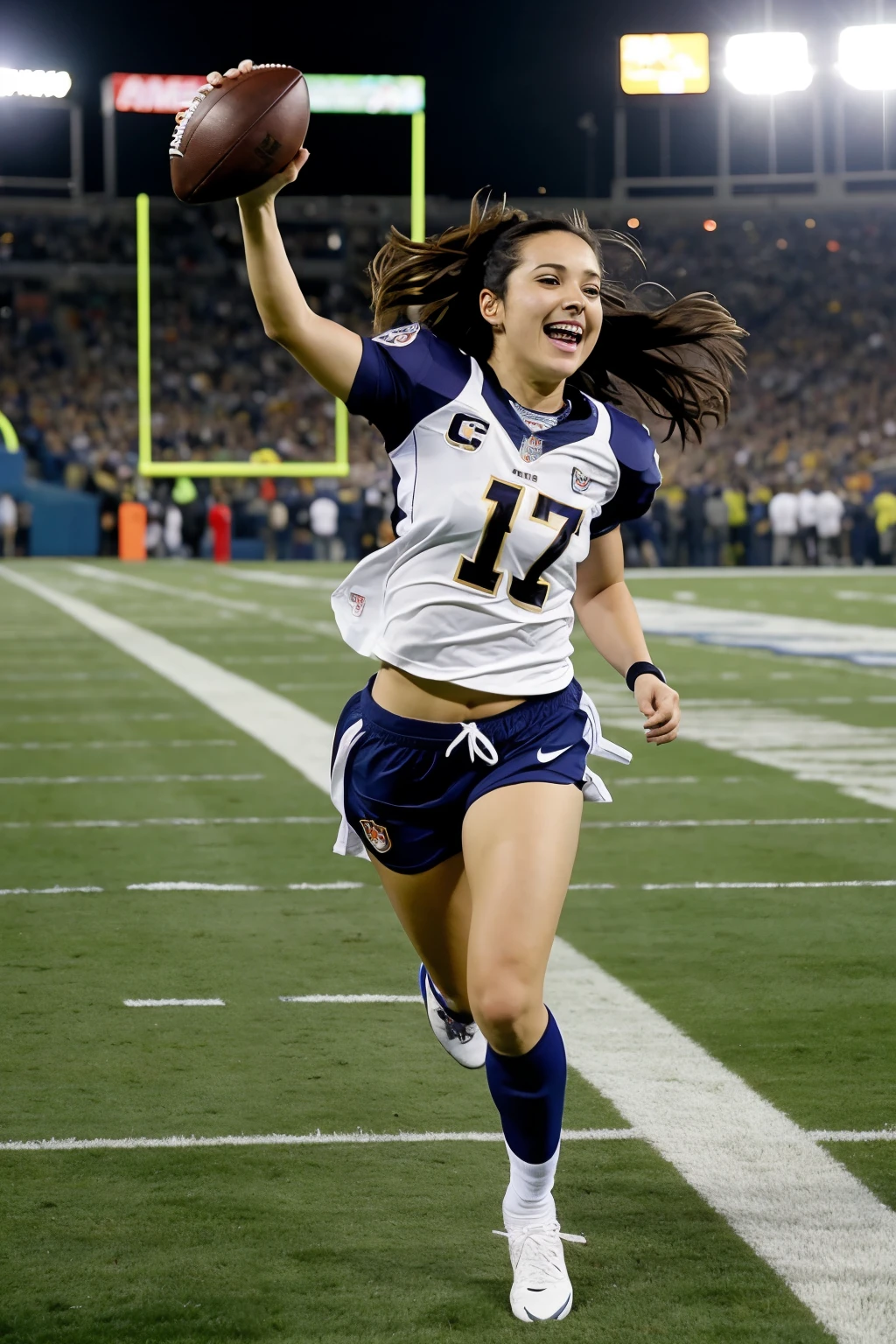 ((anime)),((animado))
 mujer corriendo hacia la camara  con un balon de la nfl, en un estadio 

