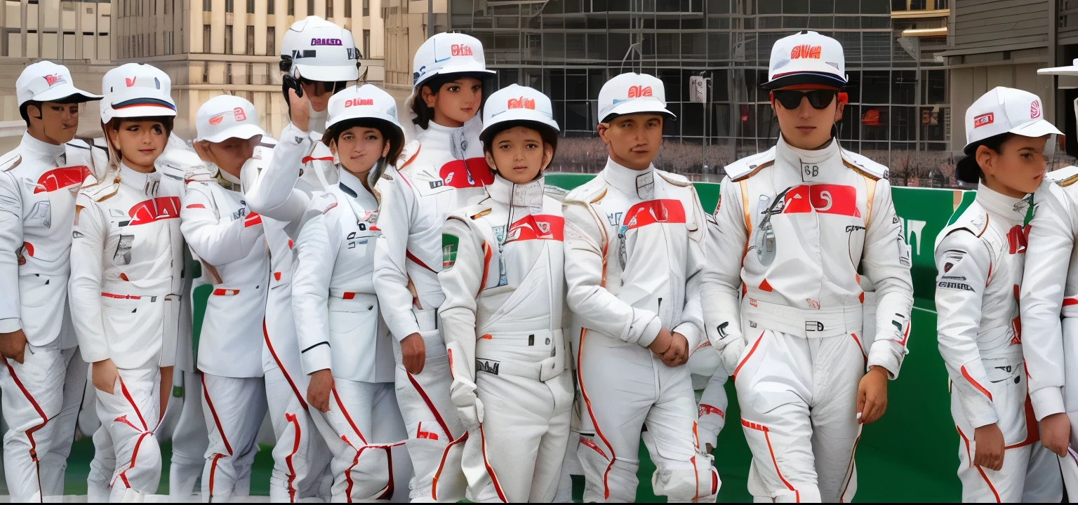 arafed group of people in white uniforms standing in a line, f 1, formula 1, children's, italian garb the future, the future, f11:10, f11:6, f 1/4, f11, f 1 1, kimi vera, kids, f12, f 2, f2, ferrari