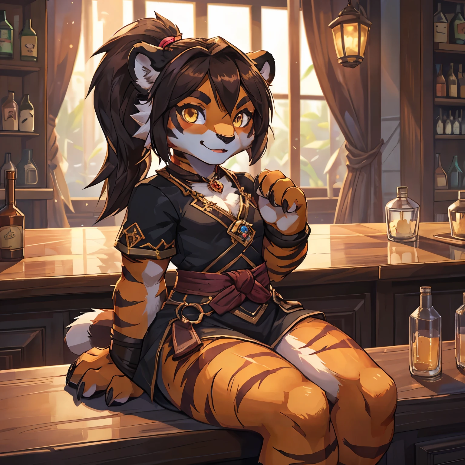 (4fingers), small_round_ears, small_panda_ears, pandaren, world_of_warcraft, furry, anthropomorphic, fluffy_tail, foxtail, cfemale, claws, red_panda, tiger_stripes, tiger_face, flat_chested, short_stack, teen, teenager, amber_eyes, pupils, (tiger_legs), (left_foot_black_fur), (right_foot_white_fur), (four_fingers), waist_long_ponytail, brown_hair, ((three_toes)), ((3toes)), simple clothing, ((detailed_eyes)), ((detailed_face)), detailed_hands, detailed_feet, bartender