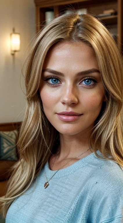 A blonde woman in her 30s with blue eyes is taking a selfie. She is looking directly at the camera with a friendly and natural expression. She has long, straight hair and is wearing a casual outfit. The background is a simple indoor setting, possibly a cozy living room or a bright, well-lit room. The image should capture a modern, everyday moment with a realistic and ultra-high-quality look. Everything in the image, including the woman, her expression, and the setting, should be as realistic as possible, with natural lighting illuminating the scene. The facial details should be extremely detailed and lifelike, with ultra-realistic textures. The eyes should be particularly complex and realistic, showcasing intricate details in texture, hair, glistening effects, and vibrant color. All textures in the image should be enhanced to an ultra-realistic level