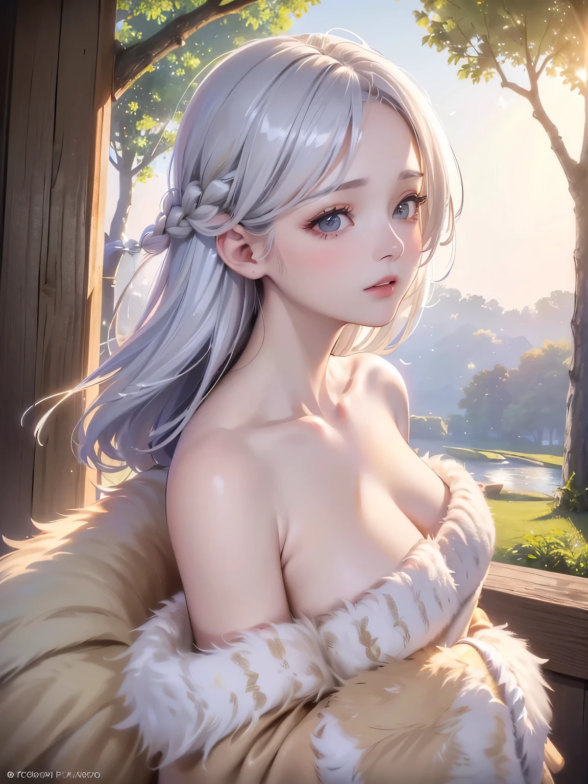 There is a stone statue in the middle of the forest，White silk pantyhose,open open mouth,spread their legs,Cute nose,cute and beautiful girl,The legs are relatively long,The chest is relatively large,Naked,,Face me below,The eyes are relatively large,Good facial features,Long hair，The reveal panties,The eyeballs are relatively large,sparkle in eyes,Tender feet,The nose is relatively large,White color hair,Raise your hands,Stick out her tongue，No shoes on，Pee,dual horsetail,Sweat all over the body,Squat horse step,Touch your fingers on your panties，With a lollipop in his mouth，streaming tears，Urine leaking from under panties，Time stops in the air，16K resolution