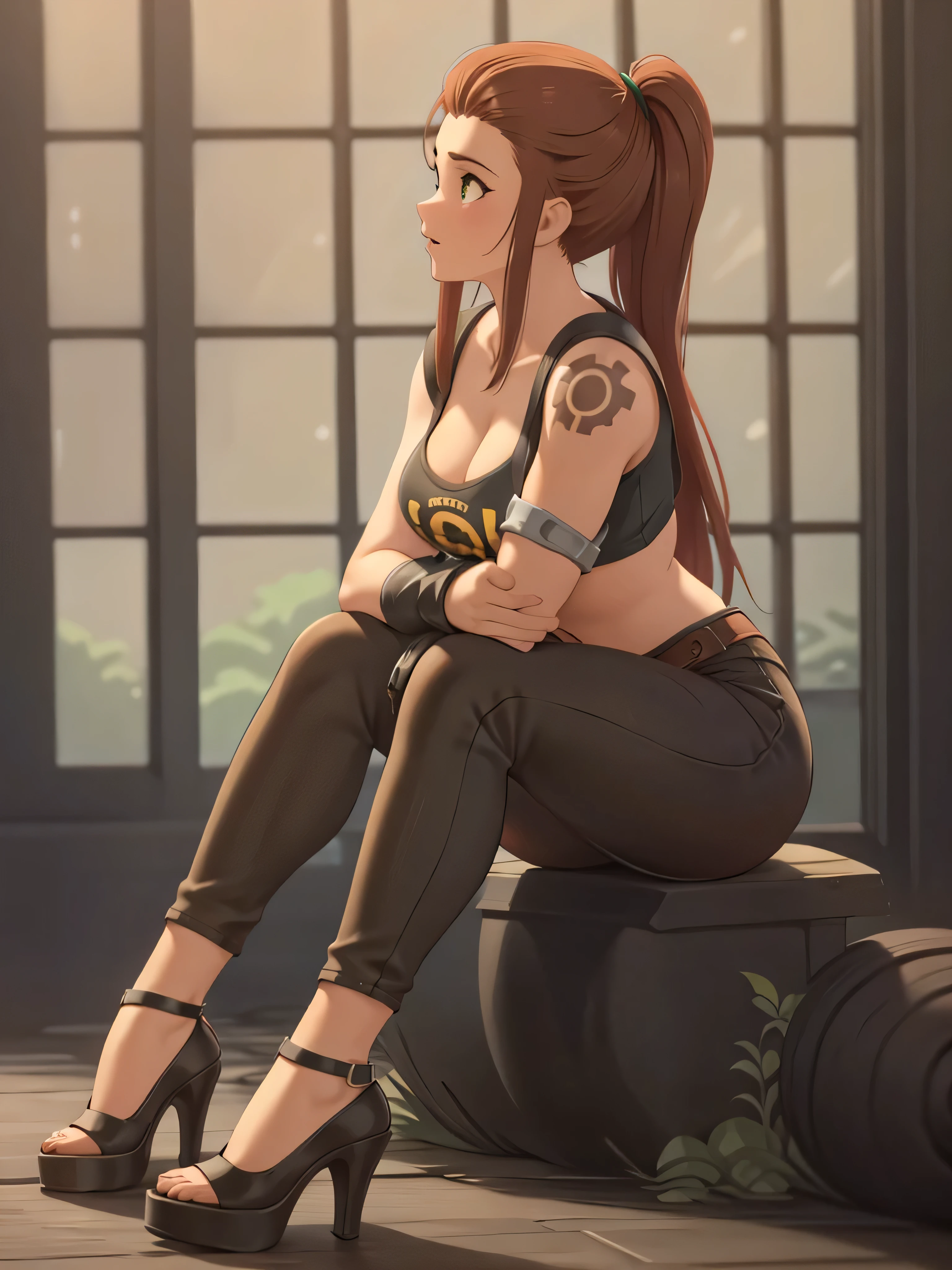 brigitte overwatch , thighs, full body, black high heels, nude tits, sitting, green water jeans pants, wide hips, medium tits