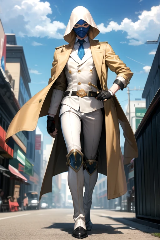 ((best quality)), ((masterpiece)), (detailed), 1 boy in a trench coat standing on a building, full body, 19 years old, slim, masked, face hidden, white mask covering his entire head and hair, hairless, glasses, blue eyes, face mask, tall and slender, long beige trench coat, open trench coat showing his suit, white suit, black fingerless gloves, white wristbands, superhero armor with emblem, luminous blue "I" letter emblem, I emblem, metallic white boots, superhero belt, city background, nanotechnology, anime
