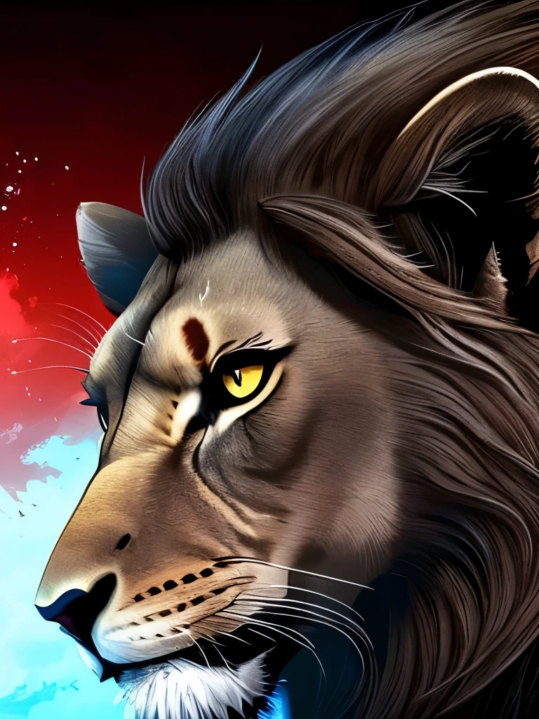 a lion, black hair, red eyes, wings, very monstrous