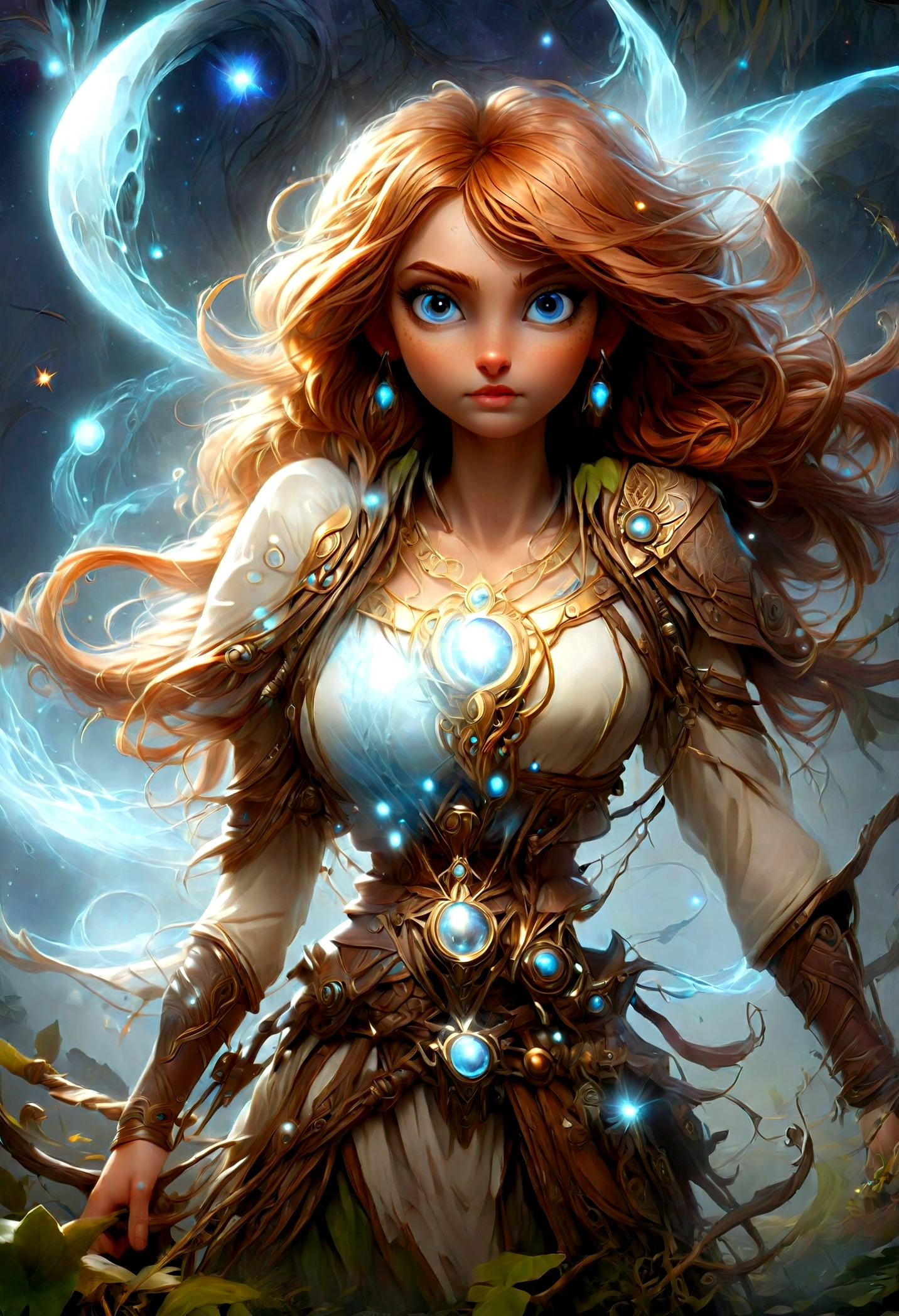 high details, best quality, 16k, [ultra detailed], masterpiece, best quality, (extremely detailed), dynamic angle, ultra wide shot, photorealistic, ((fantasy art)), dnd art, rpg art, realistic art, female human druid of the stars, guardian of nature, controlling magical energy made of stars, swirling blue stary magical light, divine symbols, DruidMagicAI (intricate details, Masterpiece, best quality: 1.5), human female, extremally beautiful, ultra feminine, dynamic hair, dynamic hair color, wearing leather armorת holding a staff, moon light, stars, dynamic natural background, RPG art, magical atmosphere magic-fantasy-forest, ultra best realistic, best details, best quality, 16k, [ultra detailed], masterpiece, best quality, (extremely detailed), ultra wide shot, photorealism, depth of field, hyper realistic painting, aetherpunkai