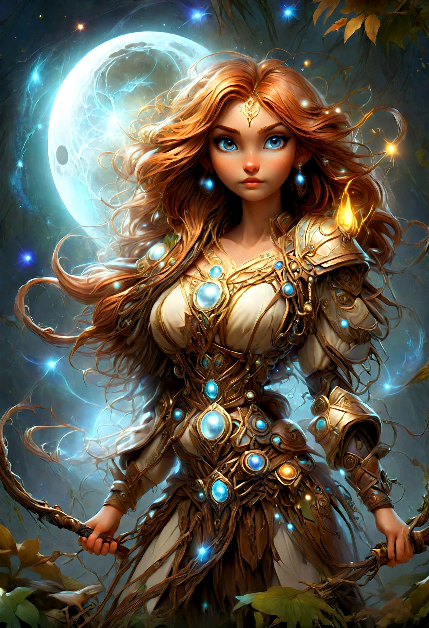 high details, best quality, 16k, [ultra detailed], masterpiece, best quality, (extremely detailed), dynamic angle, ultra wide shot, photorealistic, ((fantasy art)), dnd art, rpg art, realistic art, female human druid of the stars, guardian of nature, controlling magical energy made of stars, swirling blue stary magical light, divine symbols, DruidMagicAI (intricate details, Masterpiece, best quality: 1.5), human female, extremally beautiful, ultra feminine, dynamic hair, dynamic hair color, wearing leather armorת holding a staff, moon light, stars, dynamic natural background, RPG art, magical atmosphere magic-fantasy-forest, ultra best realistic, best details, best quality, 16k, [ultra detailed], masterpiece, best quality, (extremely detailed), ultra wide shot, photorealism, depth of field, hyper realistic painting, aetherpunkai