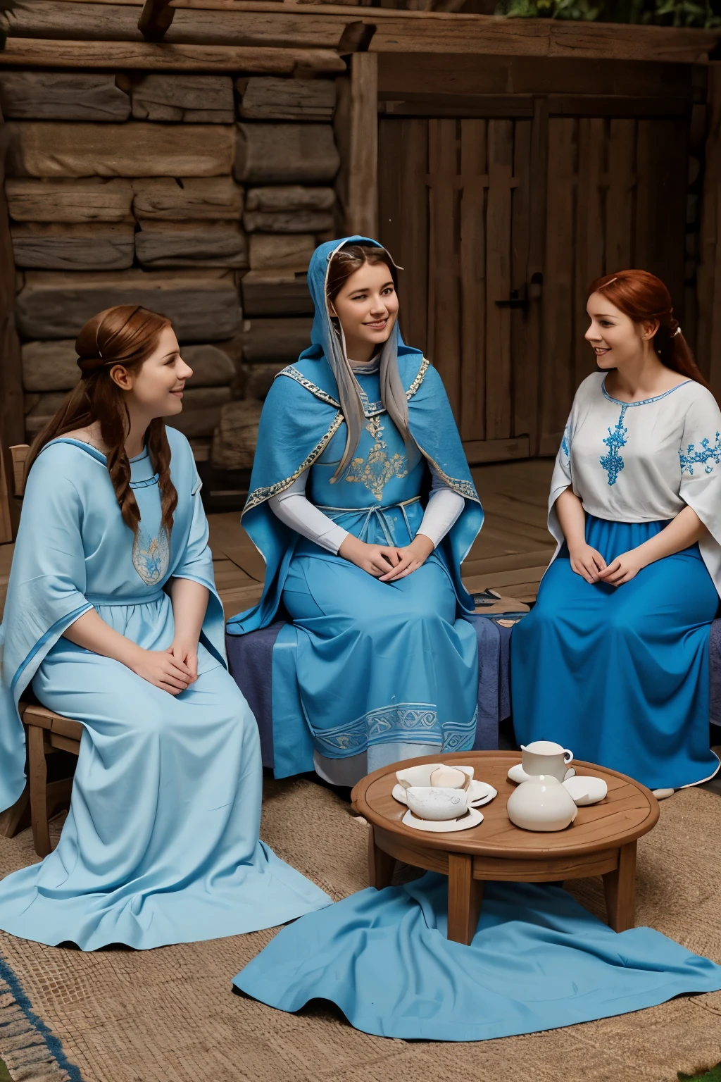 An animated illustration of Dorcas, dressed in a blue tunic and a white cloak, She must be embroidering a tunic and sitting with her friends talking.