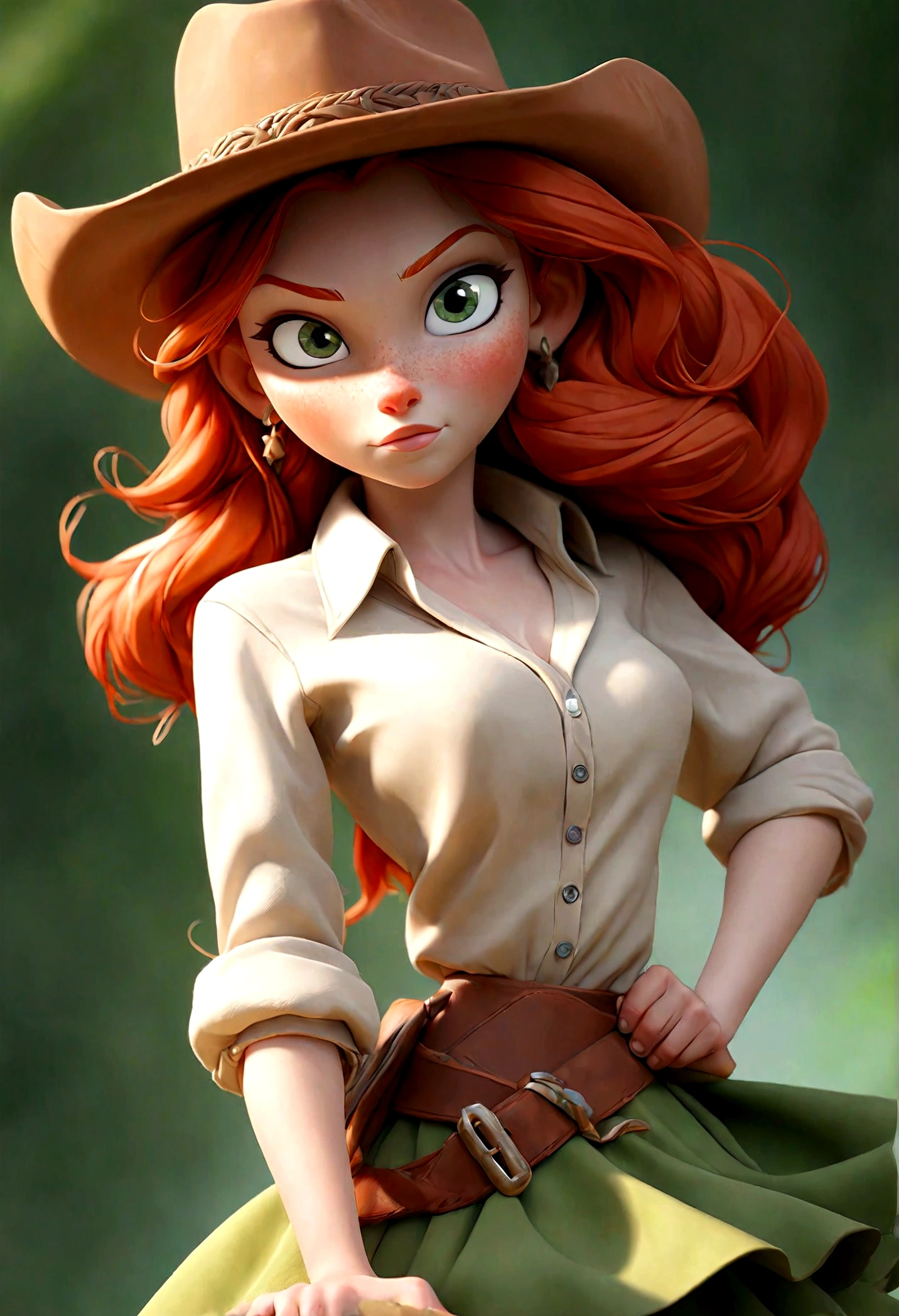(Best quality, high resolution: 1.2), Ultra-detailed, (Realistic: 1.37) redhead, médium red hair, green eyes, small cheast, 25 years, full body, whith a skirt and cropped cowgirl style
