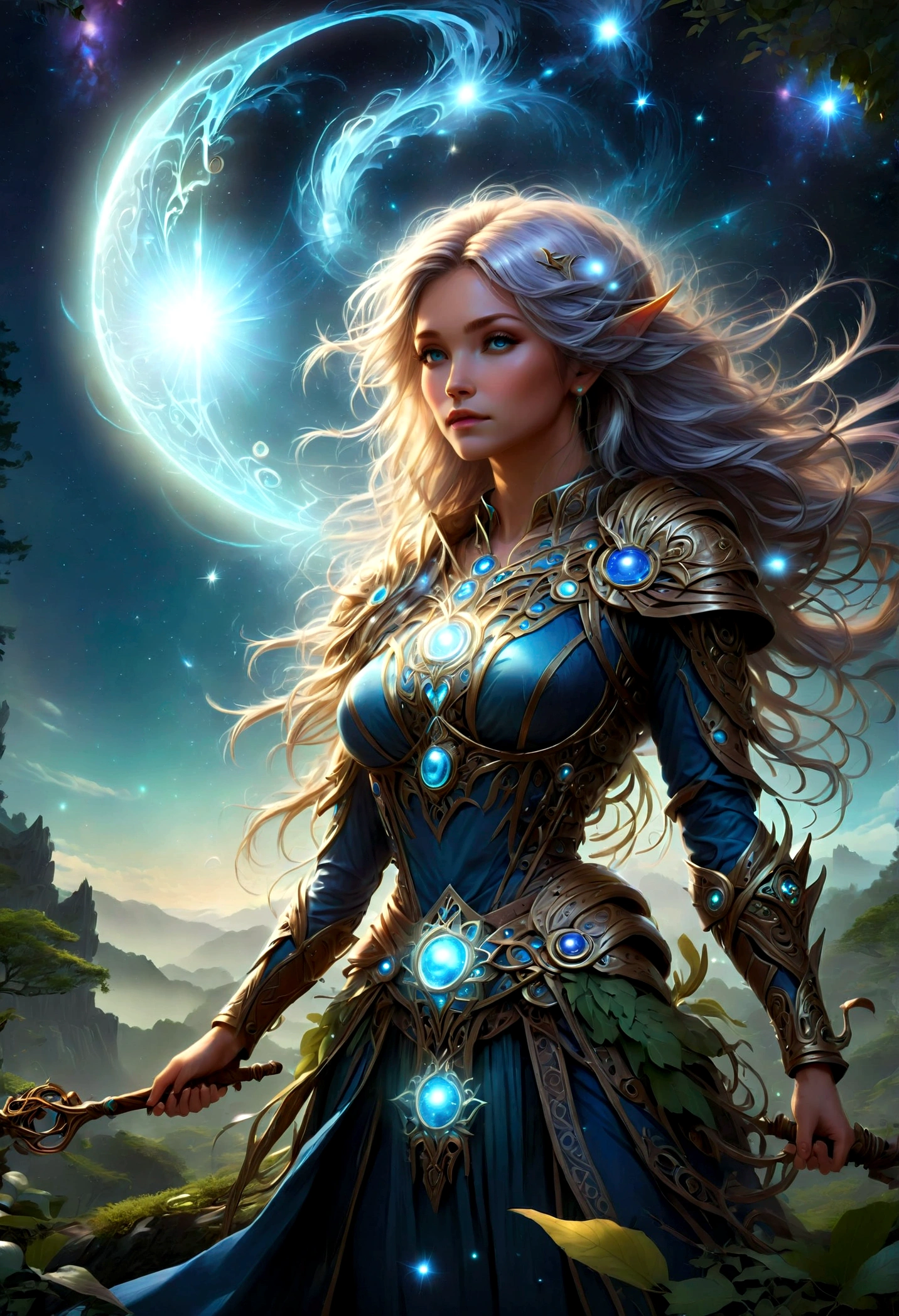 high details, best quality, 16k, [ultra detailed], masterpiece, best quality, (extremely detailed), dynamic angle, ultra wide shot, photorealistic, ((fantasy art)), dnd art, rpg art, realistic art, female human druid of the stars, guardian of nature, controlling magical energy made of stars, swirling blue stary magical light, divine symbols, DruidMagicAI (intricate details, Masterpiece, best quality: 1.5), human female, extremally beautiful, ultra feminine, dynamic hair, dynamic hair color, wearing leather armorת holding a staff, moon light, stars, dynamic natural background, RPG art, magical atmosphere magic-fantasy-forest, ultra best realistic, best details, best quality, 16k, [ultra detailed], masterpiece, best quality, (extremely detailed), ultra wide shot, photorealism, depth of field, hyper realistic painting, aetherpunkai