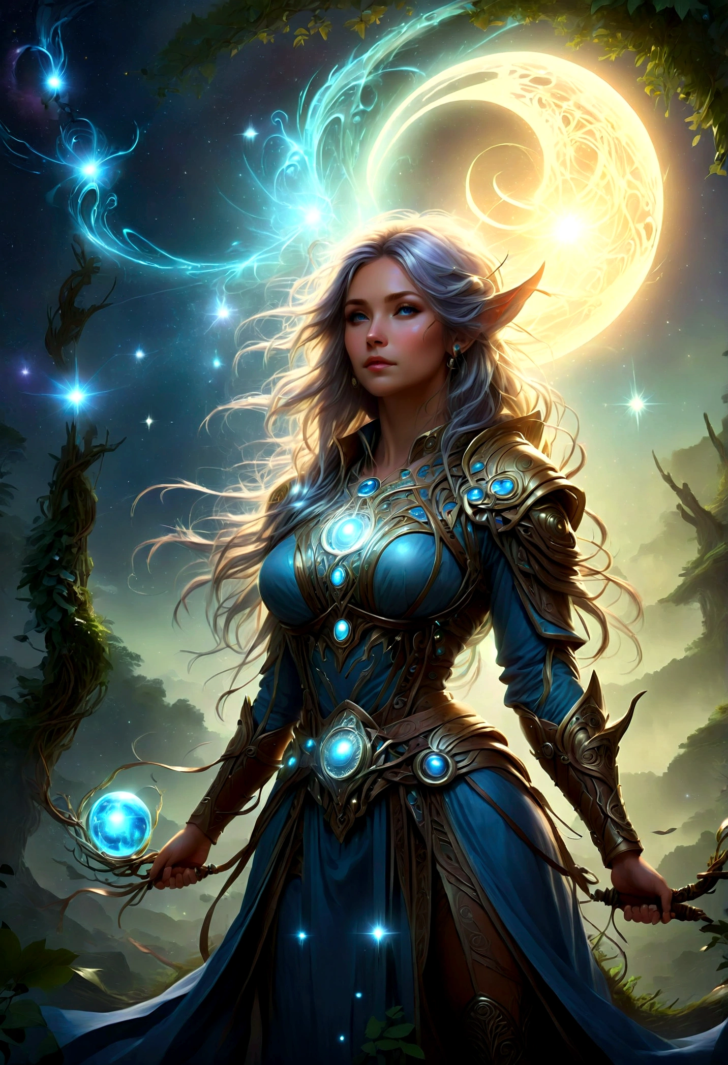 high details, best quality, 16k, [ultra detailed], masterpiece, best quality, (extremely detailed), dynamic angle, ultra wide shot, photorealistic, ((fantasy art)), dnd art, rpg art, realistic art, female human druid of the stars, guardian of nature, controlling magical energy made of stars, swirling blue stary magical light, divine symbols, DruidMagicAI (intricate details, Masterpiece, best quality: 1.5), human female, extremally beautiful, ultra feminine, dynamic hair, dynamic hair color, wearing leather armorת holding a staff, moon light, stars, dynamic natural background, RPG art, magical atmosphere magic-fantasy-forest, ultra best realistic, best details, best quality, 16k, [ultra detailed], masterpiece, best quality, (extremely detailed), ultra wide shot, photorealism, depth of field, hyper realistic painting, aetherpunkai