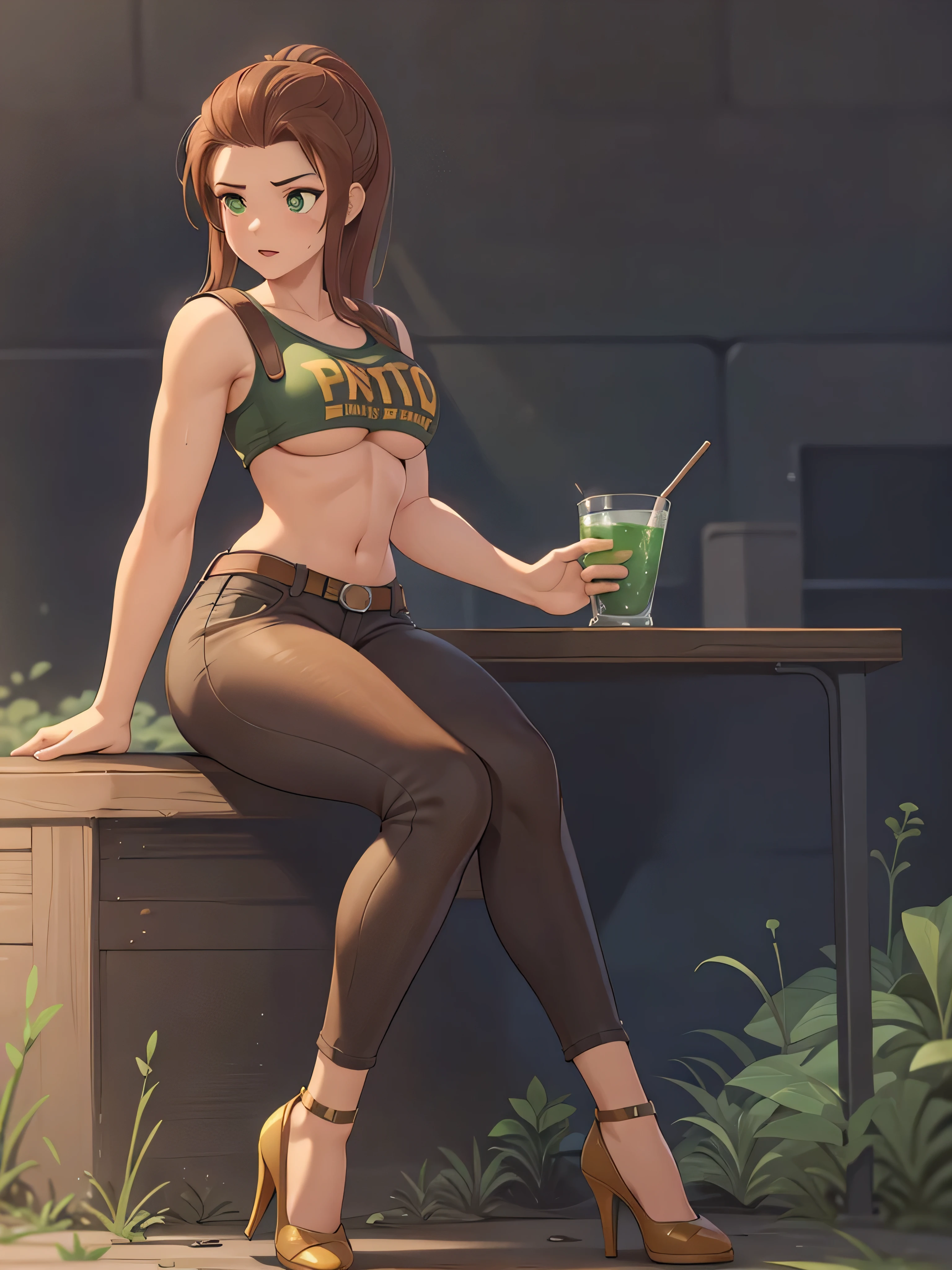 brigitte overwatch , thighs, full body, black high heels, nude tits, sitting, green water jeans pants, wide hips, medium tits