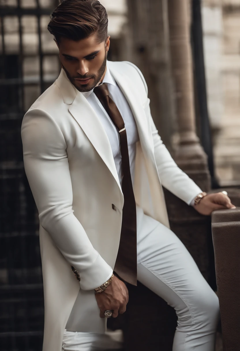 fotografia, masculine perfection, queixo forte, fleshy lips, nariz romano, cabelo loiro curto, hazel eyes, hiper-realista, 8k-v4 . Moda moderna alta costura fashion futurista. Roupa preta moderna