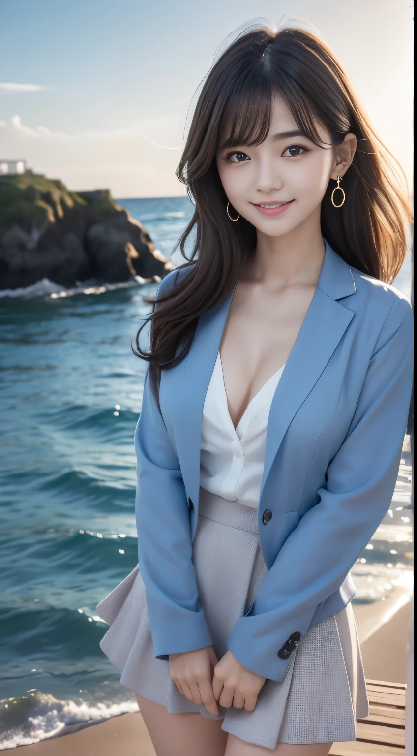 Woman standing in the sea as the sun rises、Sea at dawn、(Wearing a navy blue blazer、Wearing a white blouse、She is wearing a light blue flared skirt)、Wearing pumps、The wind is blowing、A bag is hanging from the right shoulder、Beauty、20-year-old、university student、Uniform, cool-looking eyes、Well-balanced proportionedium build、Small face、Small breasts、Small Ass、The neck is short、Uniform left and right eyes、, black hair, long hair, messy hair, floating hair, earrings, parted lips, happy, seductive smile, symbol-shaped pupils, Surrealism, Verism, cinematic lighting, first-person view, f/1.2, Nikon, UHD, best quality, highres, 8k, anatomically correct, textured skin, high details