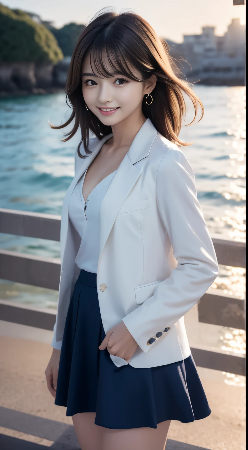 Woman standing in the sea as the sun rises、Sea at dawn、(Wearing a navy blue blazer、Wearing a white blouse、She is wearing a light blue flared skirt)、Wearing pumps、The wind is blowing、A bag is hanging from the right shoulder、Beauty、20-year-old、university student、Uniform, cool-looking eyes、Well-balanced proportionedium build、Small face、Small breasts、Small Ass、The neck is short、Uniform left and right eyes、, black hair, long hair, messy hair, floating hair, earrings, parted lips, happy, seductive smile, symbol-shaped pupils, Surrealism, Verism, cinematic lighting, first-person view, f/1.2, Nikon, UHD, best quality, highres, 8k, anatomically correct, textured skin, high details