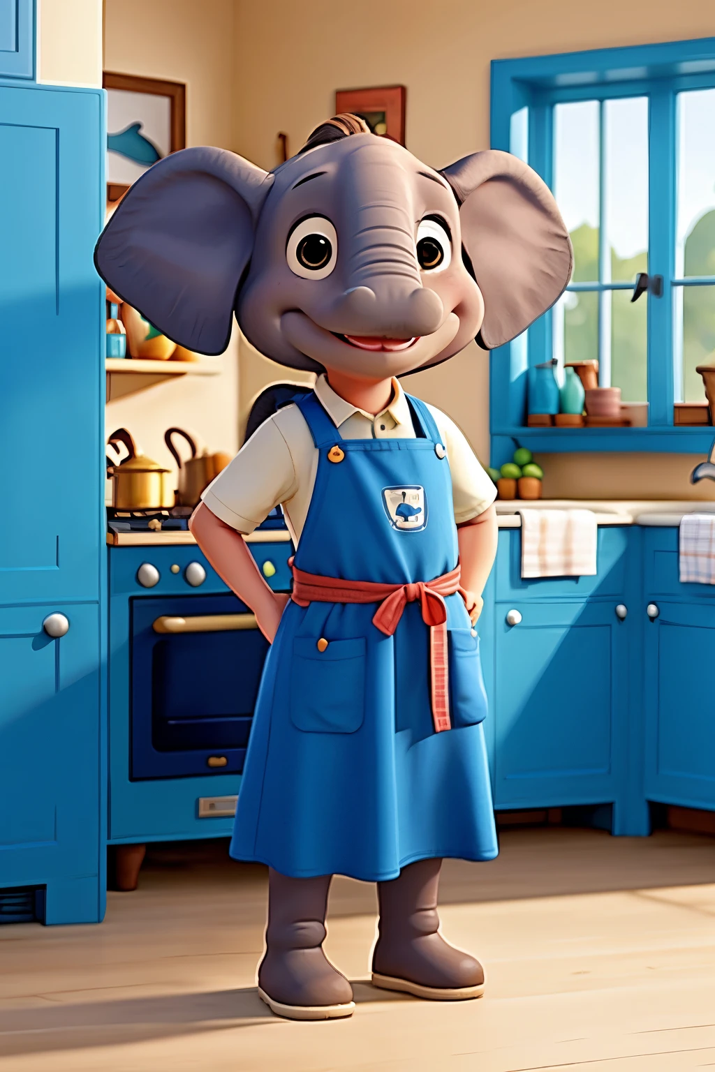 an elephant, wearing a blue kitchen apron and a blue jockey