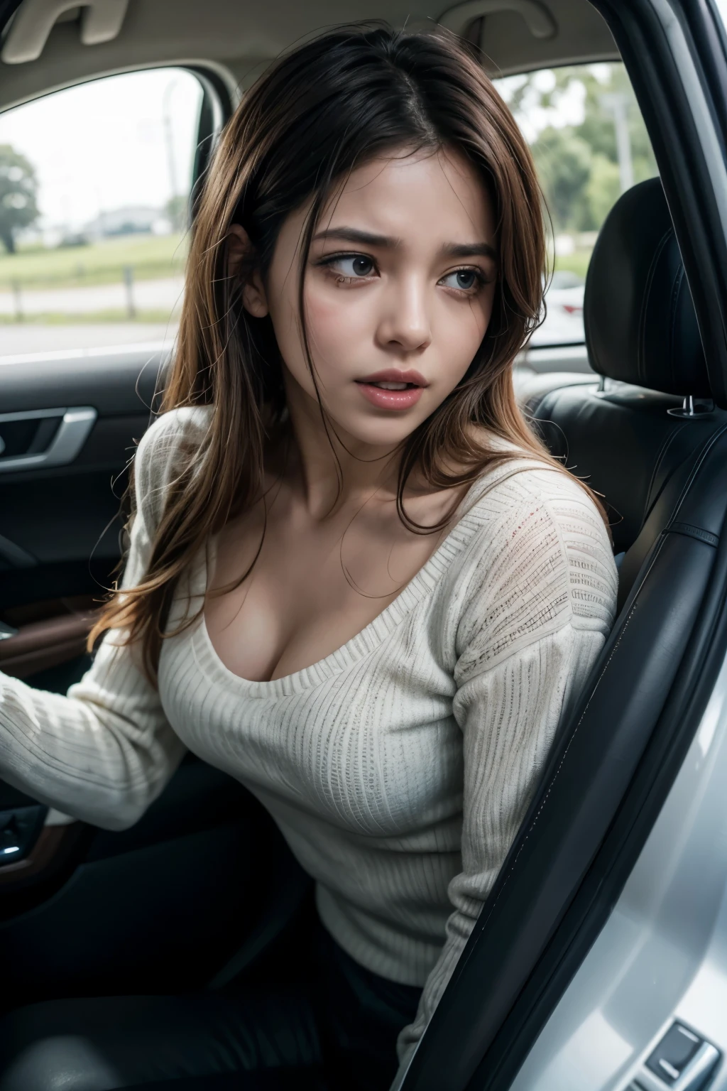 highres, masterpiece, perfect ligthing, bloom, cinematic lighting, adult, mature, perfect skin, car, glasses, big breasts, flashing tits