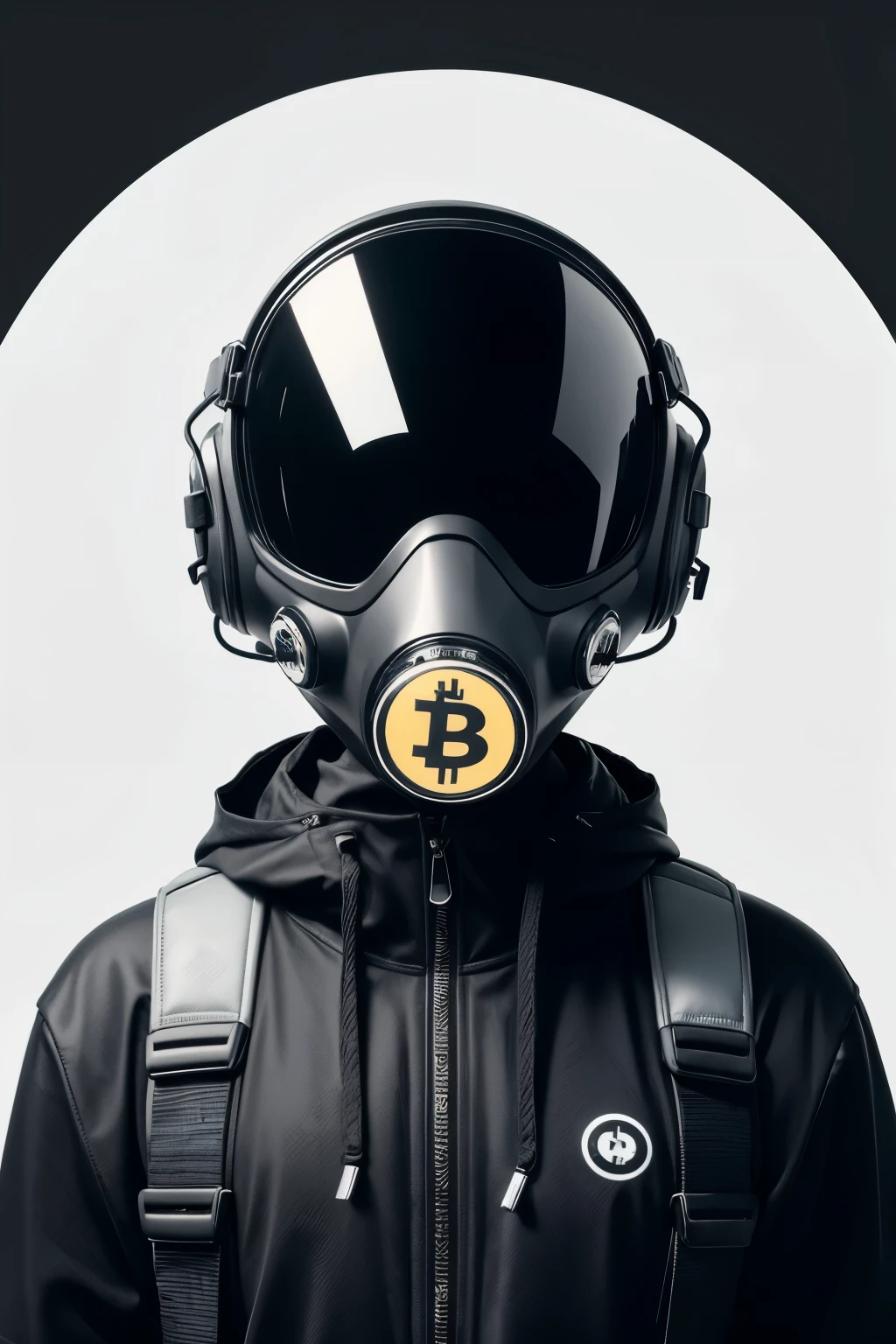 Generate a manimalist style image - white background with black symbols -- It must contain the symbol of a gas mask in the center, the symbol of a bitcoin currency to the left of the mask and the symbol of a glock to the right of the mask. And for a youtube profile picture, don't confuse it with the channel wallpaper it's just an icon for the profile picture.