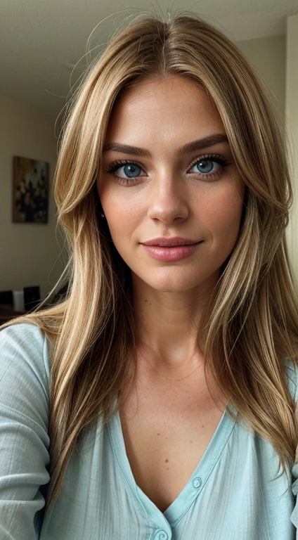 A blonde woman in her 30s with blue eyes is taking a selfie. She is looking directly at the camera with a friendly and natural expression. She has long, straight hair and is wearing a casual outfit. The background is a simple indoor setting, possibly a cozy living room or a bright, well-lit room. The image should capture a modern, everyday moment with a realistic and ultra-high-quality look. Everything in the image, including the woman, her expression, and the setting, should be as realistic as possible, with natural lighting illuminating the scene. The facial details should be extremely detailed and lifelike, with ultra-realistic textures. The eyes should be particularly complex and realistic, showcasing intricate details in texture, hair, glistening effects, and vibrant color. All textures in the image should be enhanced to an ultra-realistic level. Additionally, add a film grain effect (Downtown) to the image to give it a cinematic quality. The image should have the crystal clear quality of a Fujifilm XT3 photograph, with the beautiful face framed at the center