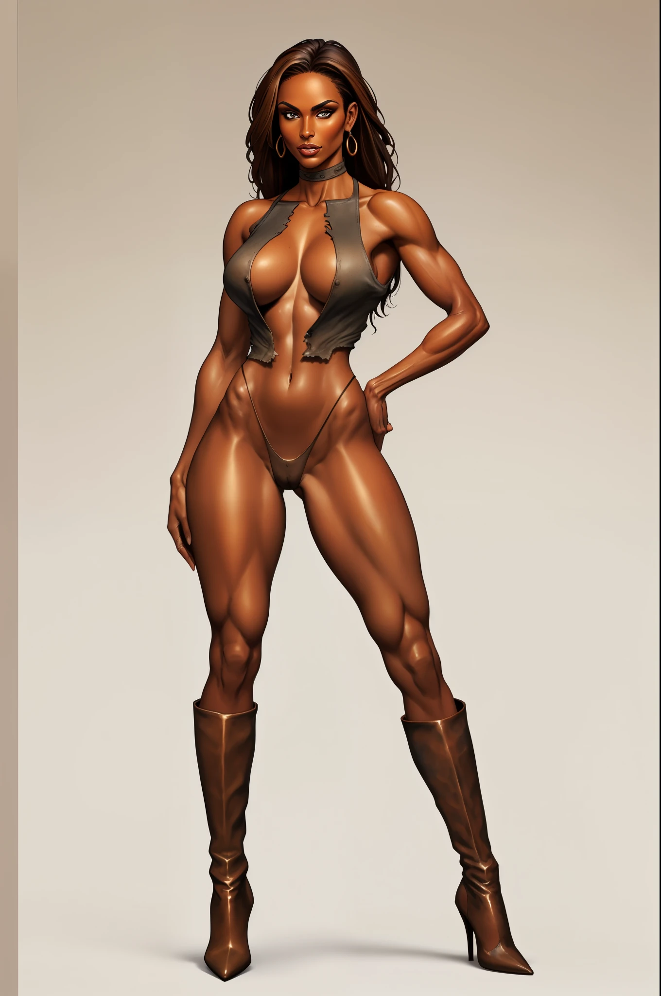 bronze skin, tanned, gorgeous woman, full body shot, lithe, blank background, black background, tattered clothes, white tunic, leg slit, boots