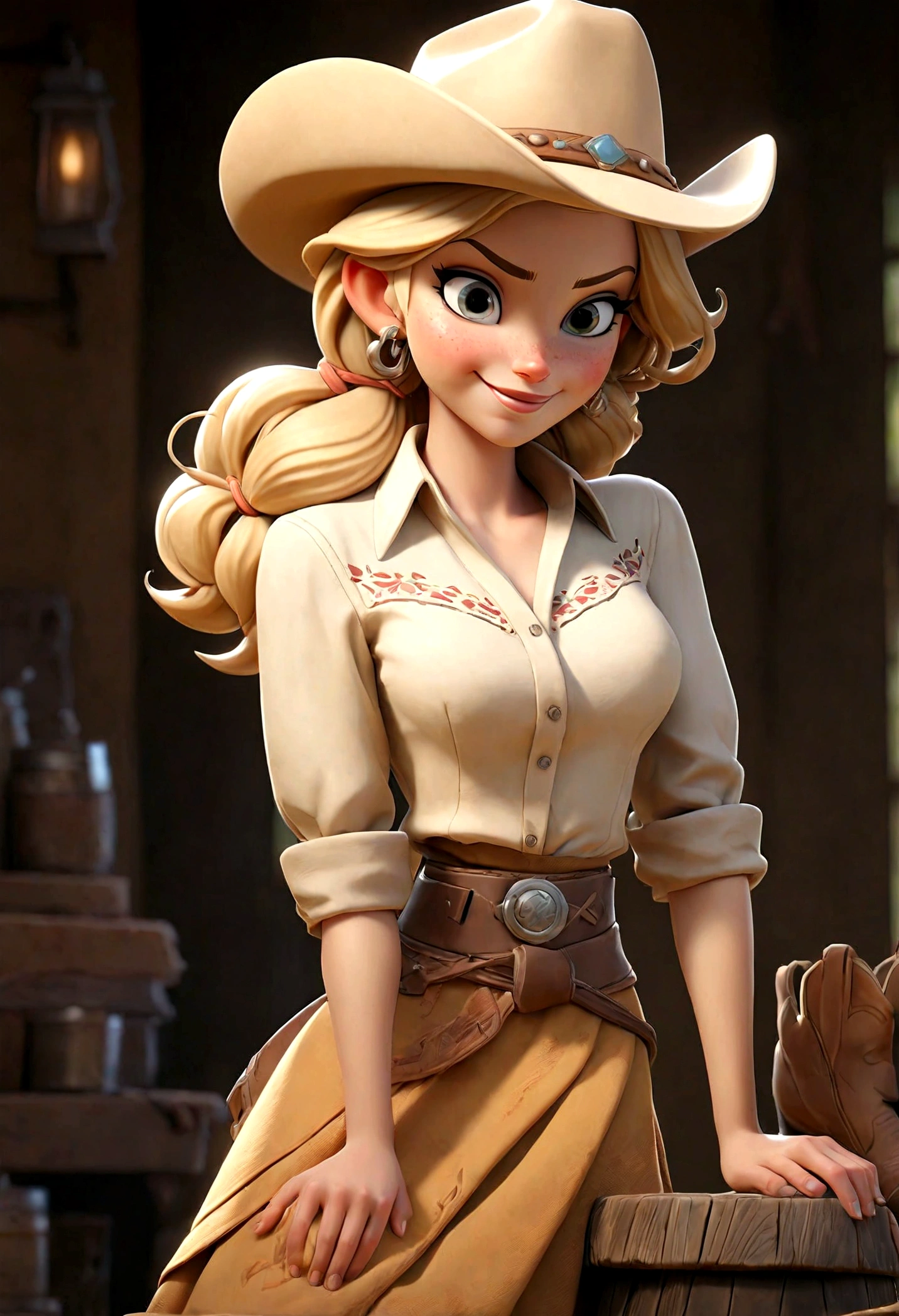 (Best quality, high resolution: 1.2), Ultra-detailed, (Realistic: 1.37) blonde, medium blond hair, brown eyes, smiling, small cheast, 20 years, full body, whith a skirt and cropped shirt in cowgirl style, saloon
