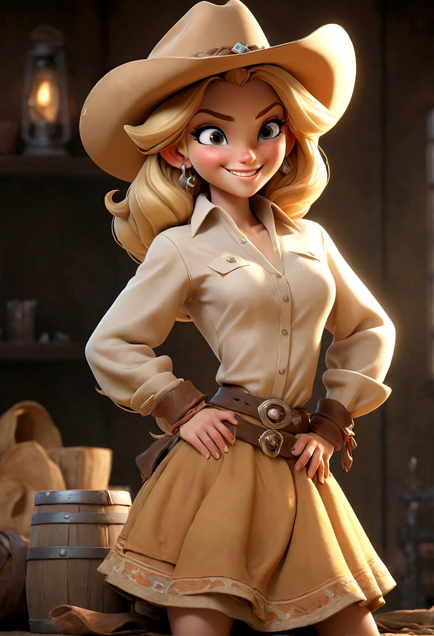 (Best quality, high resolution: 1.2), Ultra-detailed, (Realistic: 1.37) blonde, medium blond hair, brown eyes, smiling, small cheast, 20 years, full body, whith a skirt and cropped shirt in cowgirl style, saloon