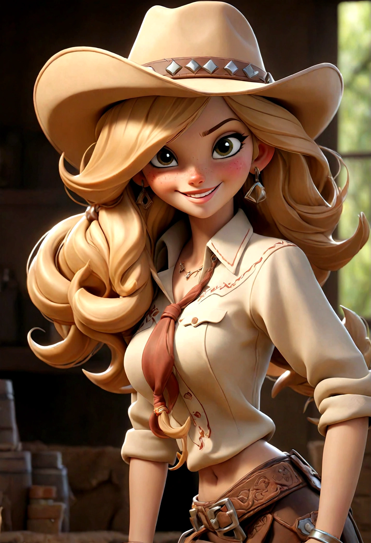 (Best quality, high resolution: 1.2), Ultra-detailed, (Realistic: 1.37) blonde, medium blond hair, brown eyes, smiling, small cheast, 20 years, full body, whith a skirt and cropped shirt in cowgirl style, saloon