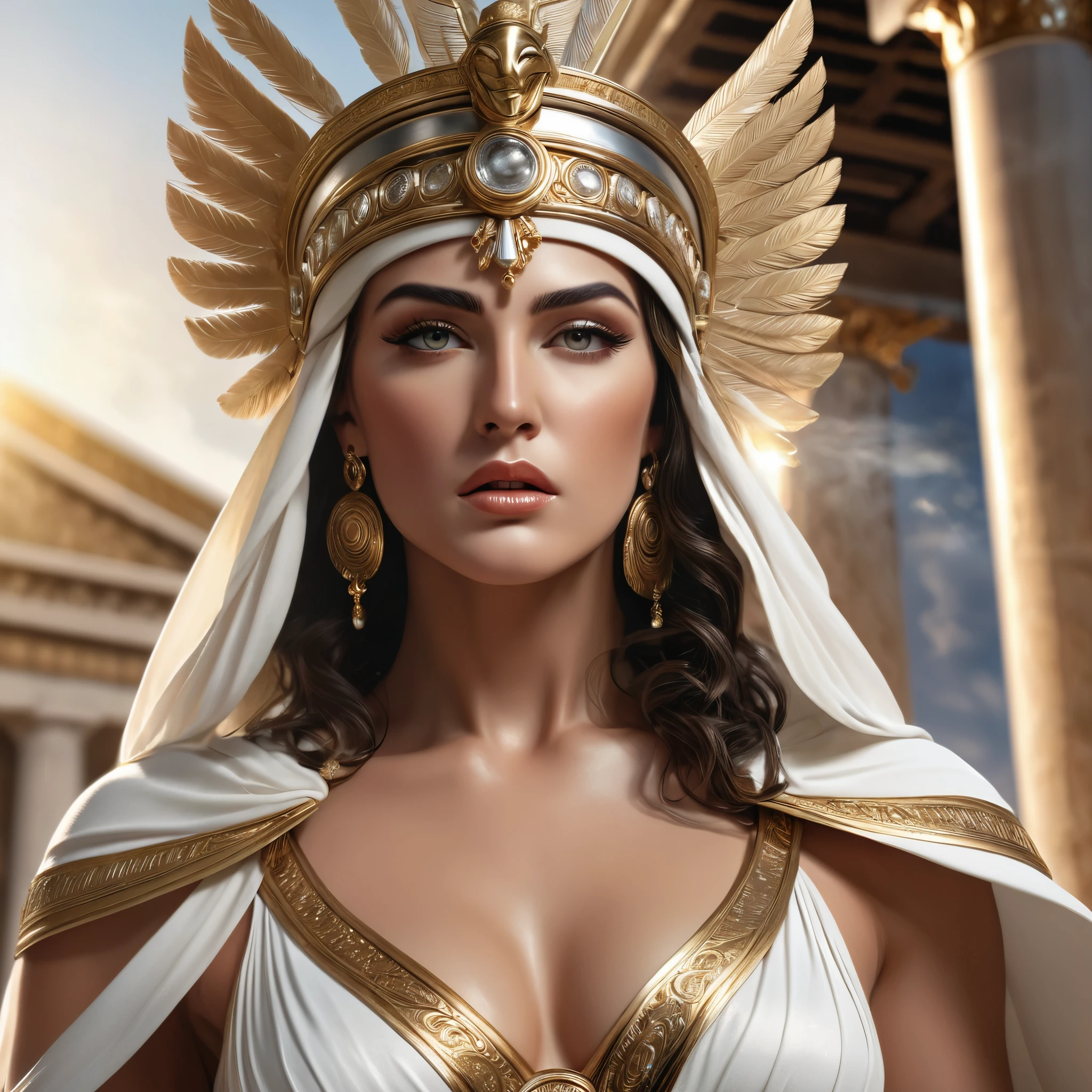 a beautiful greek goddess athena,goddess of wisdom and war,detailed face and eyes,beautiful detailed lips,long eyelashes,ornate headdress,flowing white robes,intricate jewelry,muscular female figure,revealing clothing,sensual pose,dramatic lighting,dynamic composition,cinematic,hyper realistic,digital art,highly detailed,8k,masterpiece,photorealistic