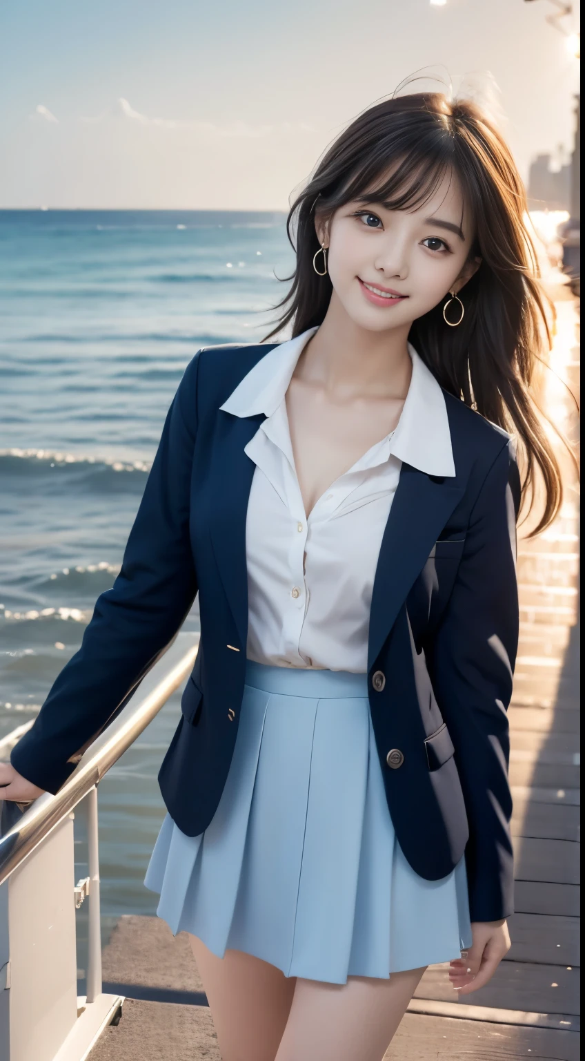 Woman standing in the sea as the sun rises、Sea at dawn、(Wearing a navy blue blazer、Wearing a white blouse、She is wearing a light blue flared skirt)、Wearing pumps、The wind is blowing、A bag is hanging from the right shoulder、Beauty、20-year-old、university student、Uniform, cool-looking eyes、Well-balanced proportionedium build、Small face、Small breasts、Small Ass、The neck is short、Uniform left and right eyes、, black hair, long hair, messy hair, floating hair, earrings, parted lips, happy, seductive smile, symbol-shaped pupils, Surrealism, Verism, cinematic lighting, first-person view, f/1.2, Nikon, UHD, best quality, highres, 8k, anatomically correct, textured skin, high details