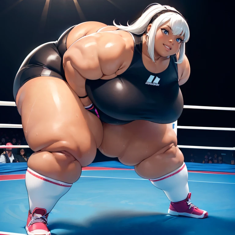 ((Dark skin)), ((dark skinned female)), ((brown skin)) ((giantess)), ((strongfat)), ssbbw, obese, ((strong arms)), ((white hair)), ((blue eyes)), ((tall)), (gentle smile), (wrestling gear), gigantic, insanely large belly, sweaty, subtle blush, (bare arms), ((gigantic biceps)), leotard, fingerless gloves, ((wrestling ring background)), clear face, large eyes, ((heavy shading on lower half of the body)), ((large bicep muscles)), ((looking down at viewer)), ((viewer is very short))