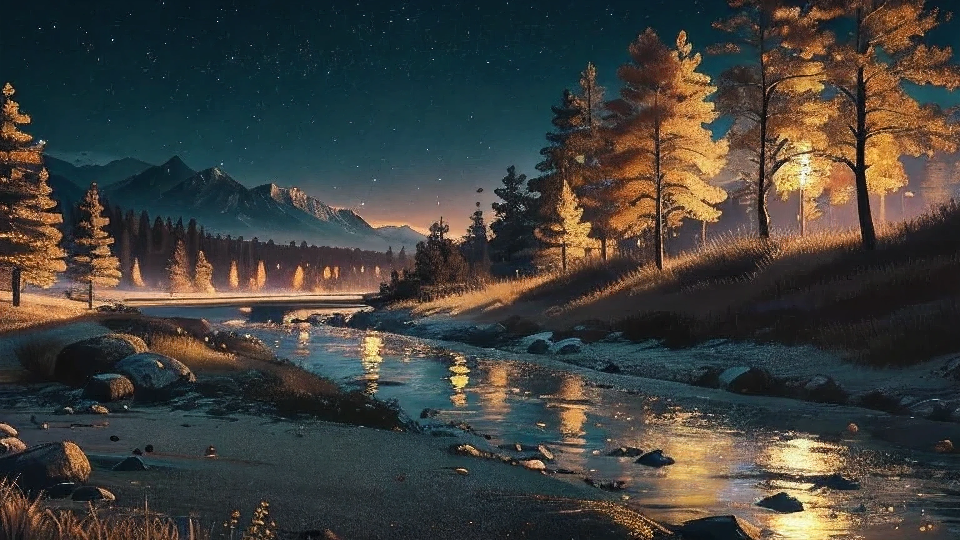 background scene of loading screen of a fps game, night natural landscape, river, hut