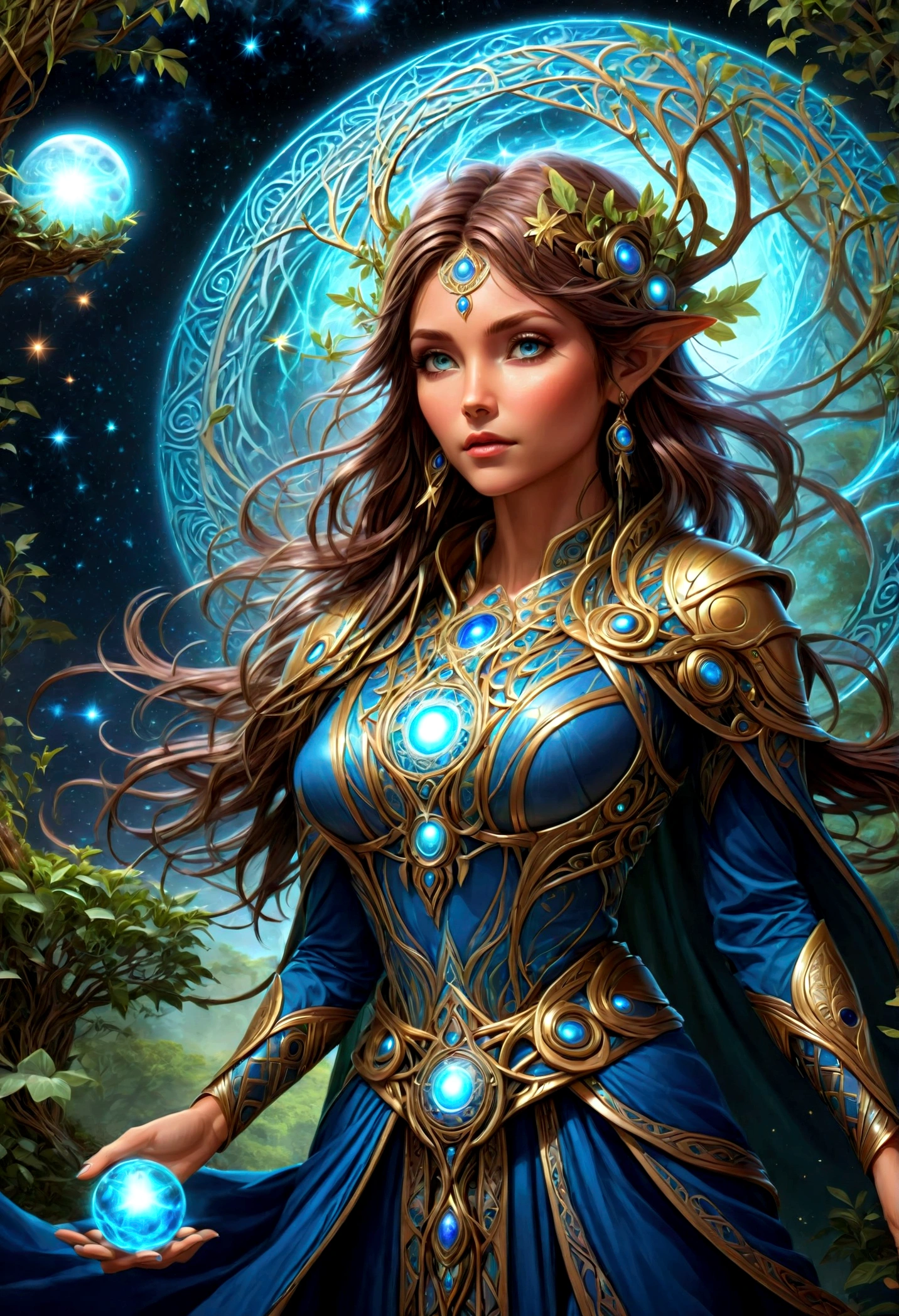 high details, best quality, 16k, [ultra detailed], masterpiece, (extremely detailed), dynamic angle, photorealistic, ((fantasy art)), d&d art, rpg art, realistic art, ((female human: 1.4)) druid of the stars, guardian of nature, controlling magical energy made of stars, swirling blue stary magical light, divine symbols, DruidMagicAI (intricate details, Masterpiece, best quality: 1.5), human female, extremally beautiful, ultra feminine, dynamic hair, dynamic hair color, wearing leather armorת holding a staff, moon light, stars, dynamic natural background, RPG art, magical atmosphere magic-fantasy-forest, ultra best realistic, best details, 16k, [ultra detailed], masterpiece, best quality, (extremely detailed), photorealism, depth of field, hyper realistic painting, Cinematic Hollywood Film style, Dark Art Painting Style