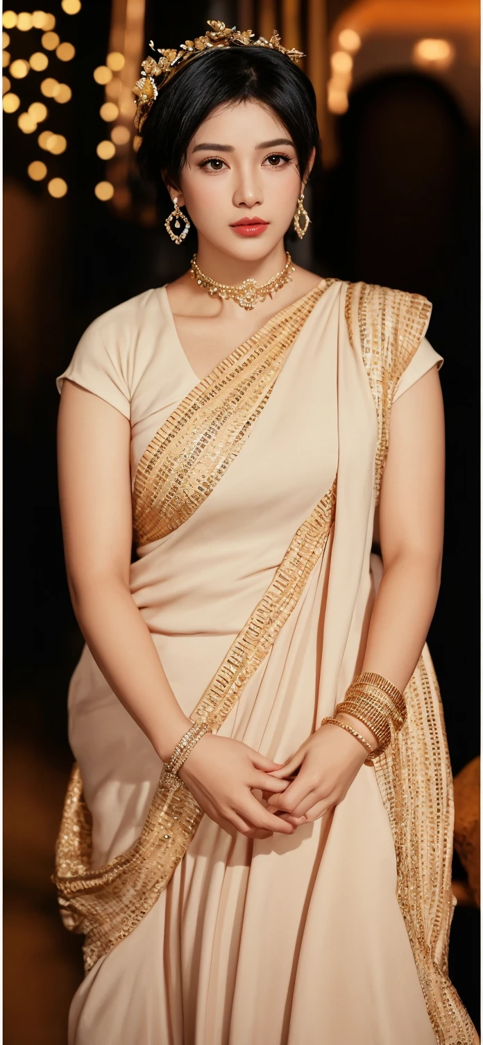 a woman round neck blouse and saree, heading in or out the door,,big cheeks, swooping breasts, deep cleavage, open arms, sexy armpits,big penis, nipples, ass, necklace, angle face,round face, beautiful face,(cinematic:1.3),a close up of anusha in a white dress and gold jewelry, beige, wearing a silk kurta, actress, wearing ivory colour dress, official, exclusive, wearing a kurta, biopic, trending ,, wearing an elegant tribal outfit, full - view, modified, sepia tone, grayish, pastel', transparent background, traditional, at dusk!, india, high-res