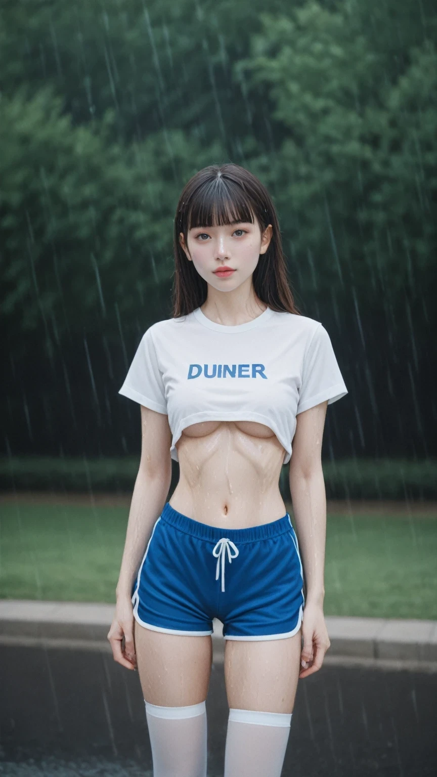 score_9, score_8_up, score_7_up, BREAK, 
waist_shot, 1girl, standing, posing, skinny, narrow_waist, black_short_cropped_t-shirt, white_sports_thighhighs, short_gym_shorts, hyper_butt, bubble_butt, prefect_face, baby_face, young, light_makeup, cute, childish, lively, innocent, grey_straight_hair, blunt_bangs,  rei_no_himo, underboob, wet_skin, shiny_skin, wet_clothes, wet_hair, cloudy, rainy, outdoors, in_the_park, duner_the_tree, cinematic_lighting, ultra_realistic_photograph, pastel_background_with_pastel_bokeh, Exquisite_details_and_textures, siena_natural_ratio, dynamic_pose, vibrant_light_and_shadow, grainy, colored_66mm_film_analog_photography, film, lomography, slight_dreamy haze_film_grain_effect