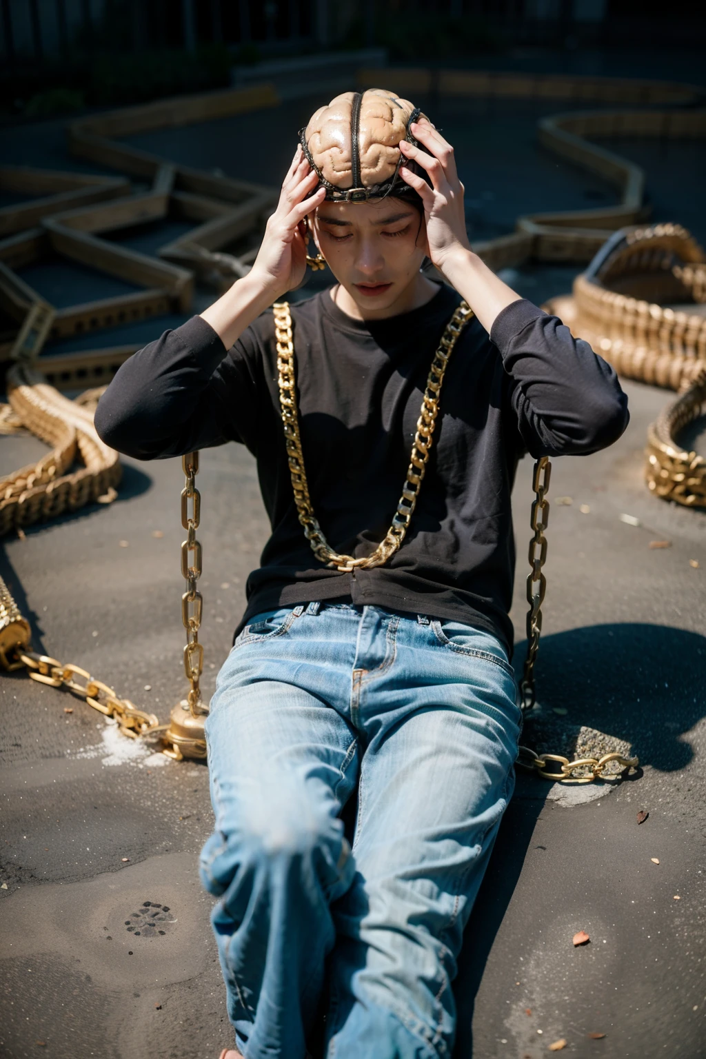 A man whose brain is attached to the ground with rotten chains