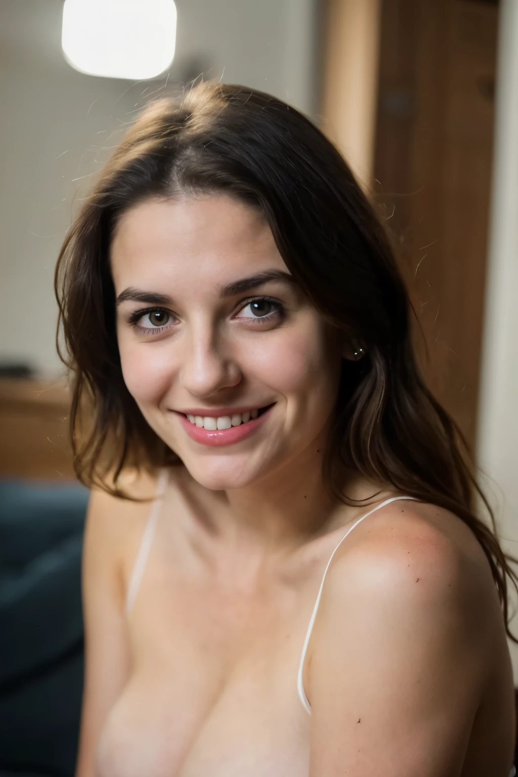 a 30yo italian woman,looking at viewer,smiling,wrinkled face,full body,deep cleavage,clothed,night photo,dark,flash photo,blue eyes,big marked eyebrows,peach fuzz,light body hair,messy hair,huge boobs, Fujifilm X-T3,1/1250sec at f/2.8,ISO 160,84mm,RAW photo,Uplight,wide shot,ideal face template,film grain,distance from camera,RAW Photo, DSLR,, selfie, photorealistic photo,highly detailed 8k photo,hyperrealism,, homemade photo,grainy,dark lighting,amateur photo,(Instagram photo)