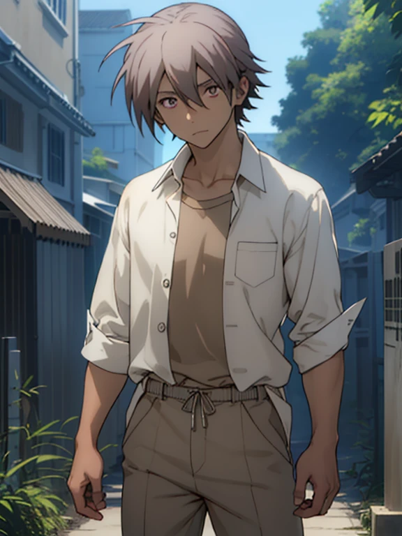 ayumu aikawa, cabello corto, Pelo gris, (Brown eyes:1.3), male focus,
ROMPER cabello corto, camisa abierta, white camisa, collared camisa, pantalones,
ROMPER outdoor, graveyard,
ROMPER looking at viewer, (tiro de vaquero:1.5),
ROMPER (obra maestra:1.2), mejor calidad, high resolution, fondo de pantalla de unidad 8k, (ILLUSTRATION:0.8), (Hermosos ojos detallados:1.6), cara extremadamente detallada, perfect lighting, CG extremadamente detallado, (manos perfectas, perfect anatomy),