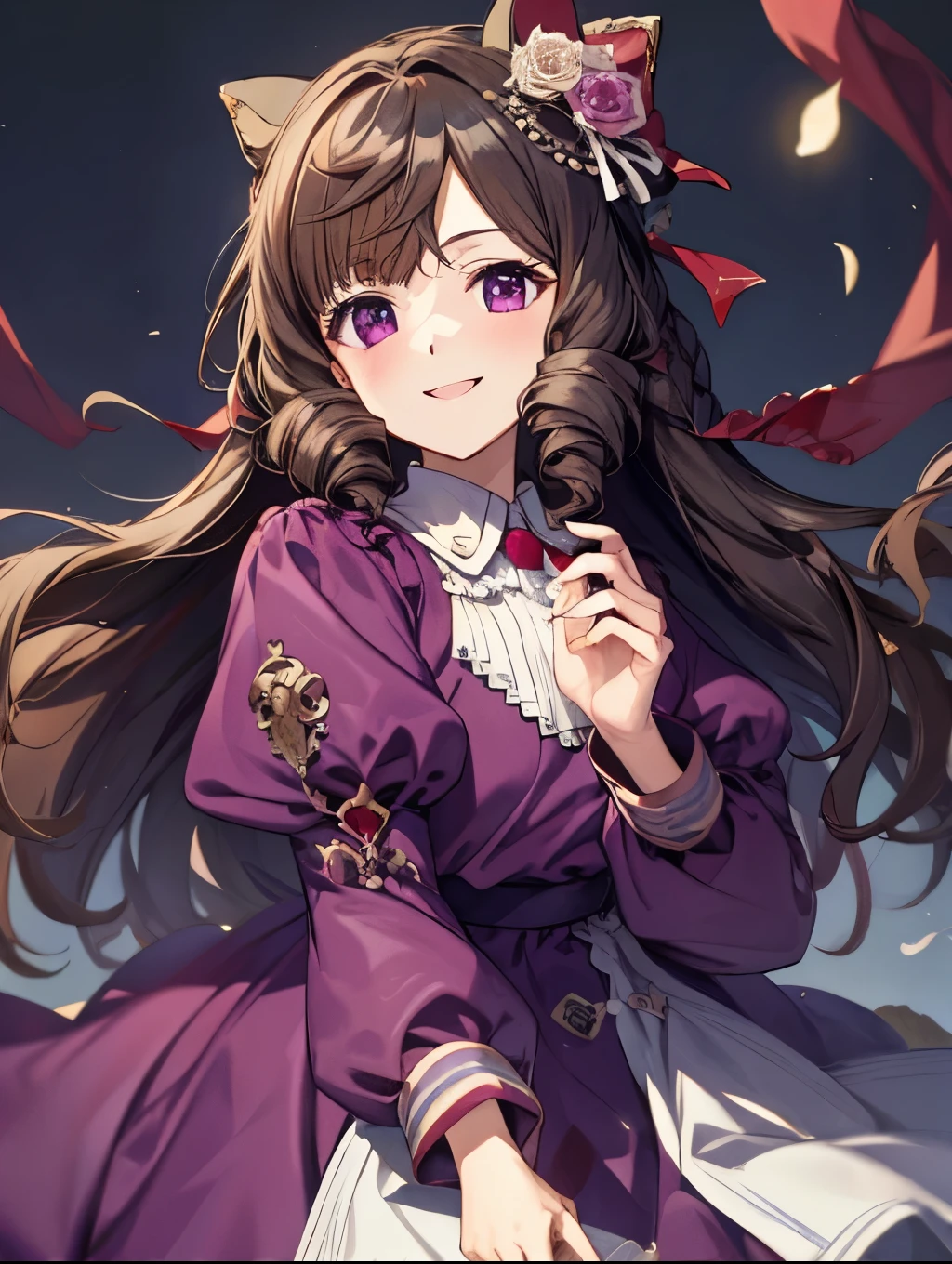 ((masterpiece, highest quality)),
daiichi ruby, gentle smile, happy, looking at viewer, purple dress, puffy sleeves, long sleeves,