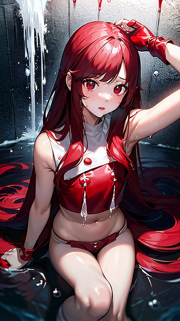 8k, masterpiece, 1 girl, beautiful face, ((very long hair)), glossy makeup, (glossy skin:1.5), detailed eyes, detailed lips, small bust, red short jacket, wet white vest, ((red mini skirt)), ((under pants)), ((bare thigh)), straps clothing, (water falling:1.5), steam effect, water vapor,