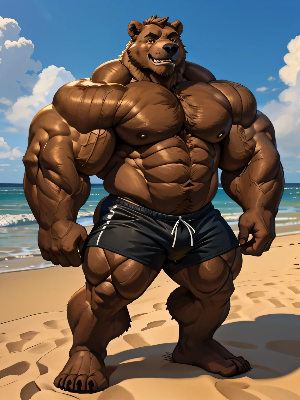 solo, 2boys, beach, size different, extremely huge muscular, massive muscular, grizzly bear, full-body, well-muscled bring shirtless in a black swim trunk shorts in beach. Flexing his arms. ((extremely muscle size, super thick arms, huge back, thick brown fur, extremely wide back and shoulder , huge arms)). and add details to make it attractive and interesting. Add textures and details to make the image more realistic, such as the appearance of the shirt texture and the appearance of the skin. Make sure the resulting image is high resolution, 8K quality.", simple background, masterpiece, high detailed, 8k, high resolution