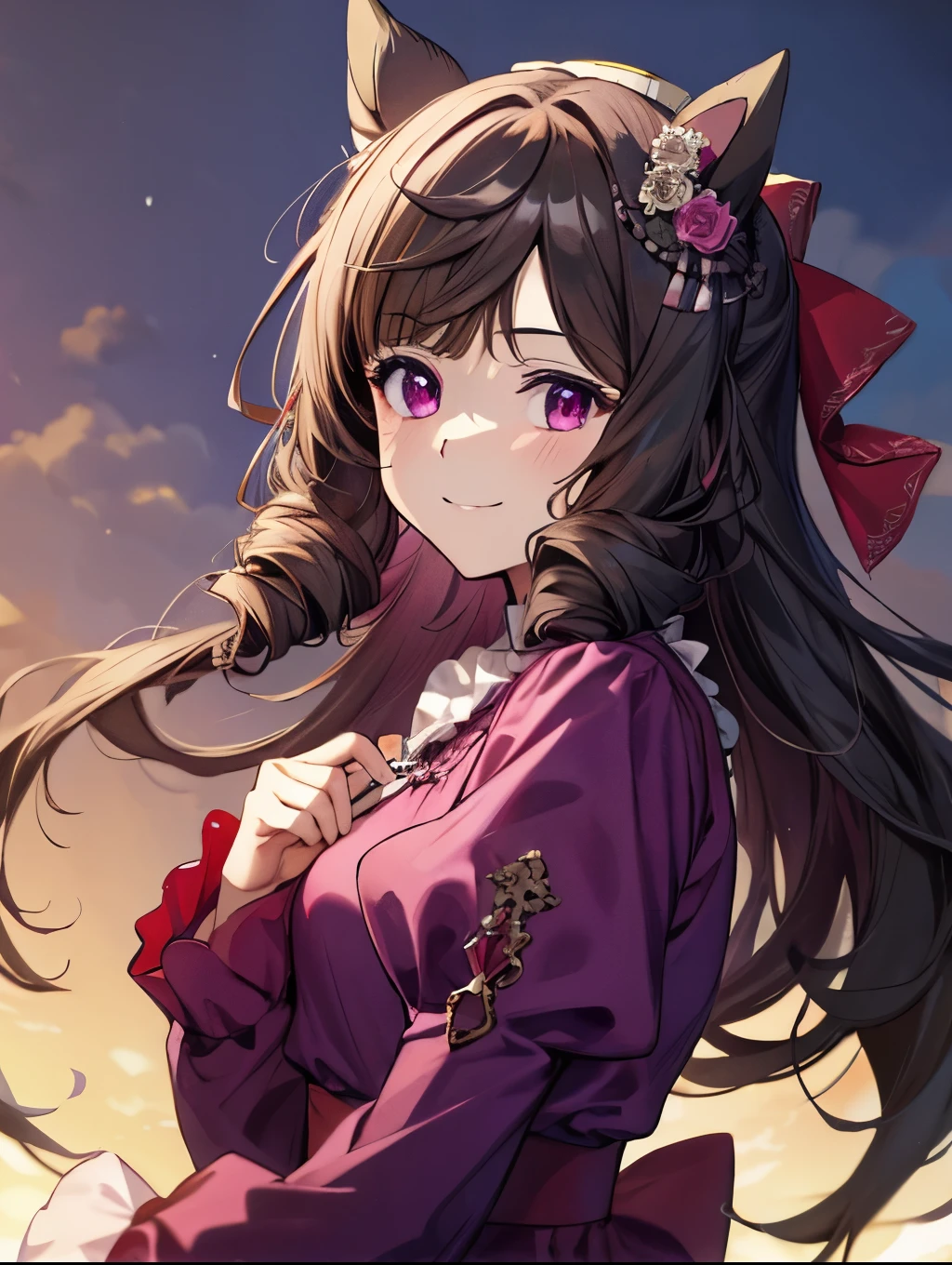 ((masterpiece, highest quality)),
daiichi ruby, gentle smile, looking at viewer, purple dress, puffy sleeves, long sleeves,