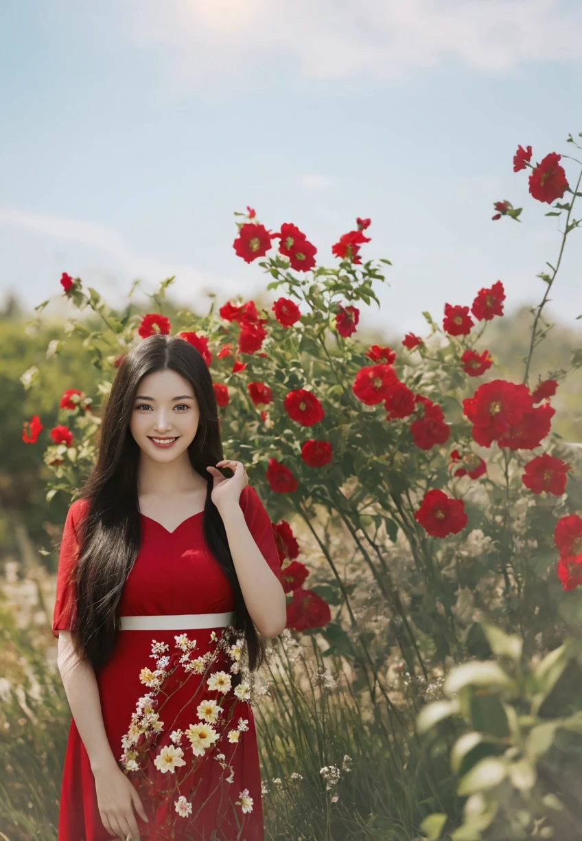 Arafed woman in a red dress standing in front of a bush of red flowers ...