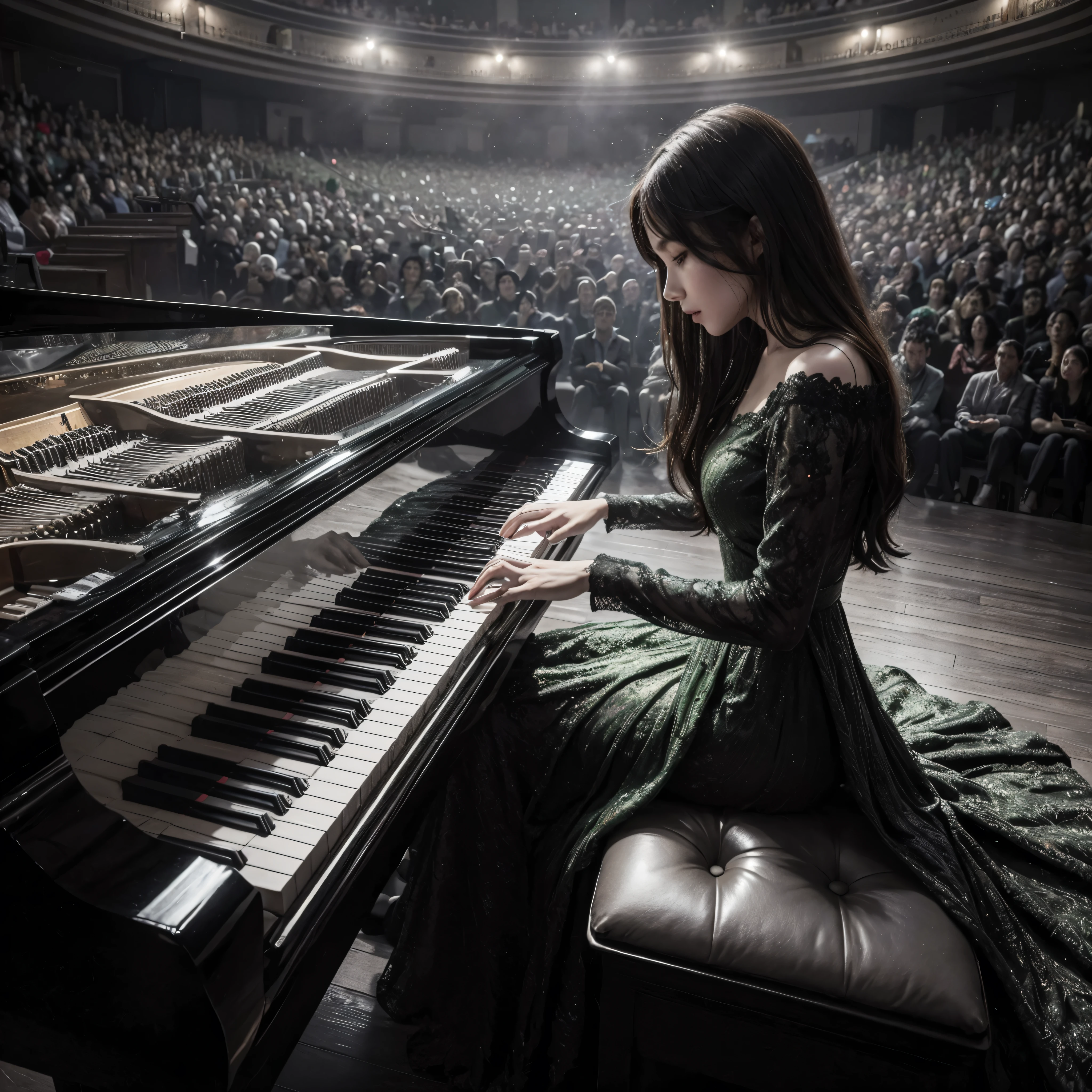 O vestido da mulher orecisa ser da cor verde, o piano que ela esta tocando tambem precisa ser verde, todo o restante da imagem permanece sem cor