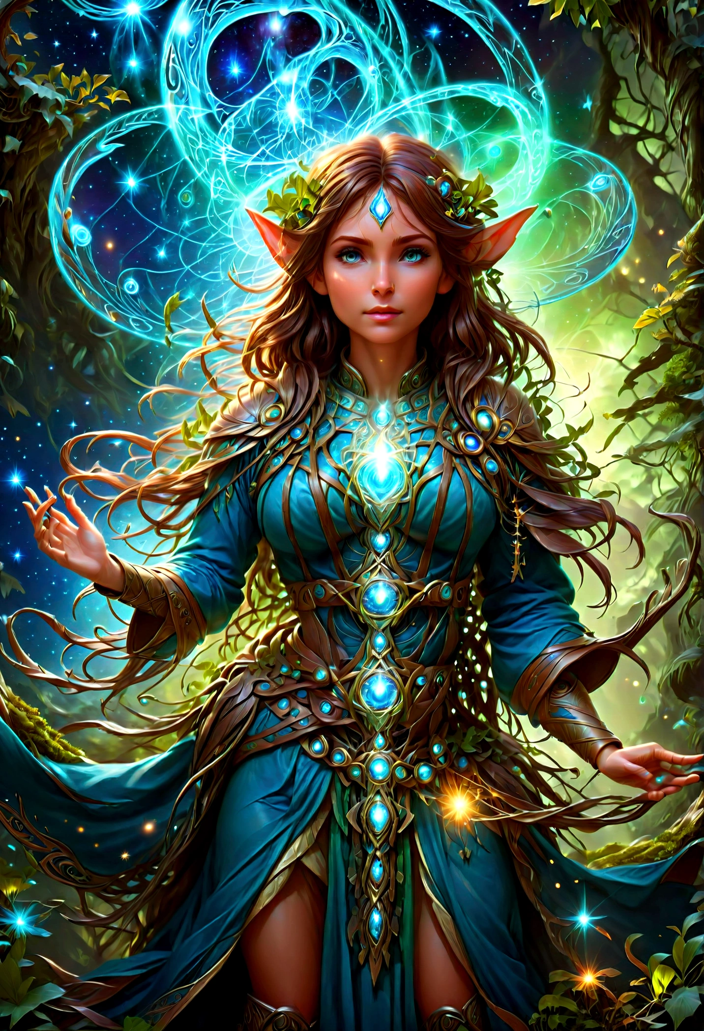 high details, best quality, 16k, [ultra detailed], masterpiece, (extremely detailed), dynamic angle, photorealistic, ((fantasy art)), d&d art, rpg art, realistic art, female human druid of the stars, guardian of nature, controlling magical energy made of stars, swirling blue stary magical light, divine symbols, DruidMagicAI (intricate details, Masterpiece, best quality: 1.5), human female, extremally beautiful, ultra feminine, dynamic hair, dynamic hair color, wearing leather armorת holding a staff, moon light, stars, dynamic natural background, RPG art, magical atmosphere magic-fantasy-forest, ultra best realistic, best details, 16k, [ultra detailed], masterpiece, best quality, (extremely detailed), photorealism, depth of field, hyper realistic painting, Cinematic Hollywood Film style