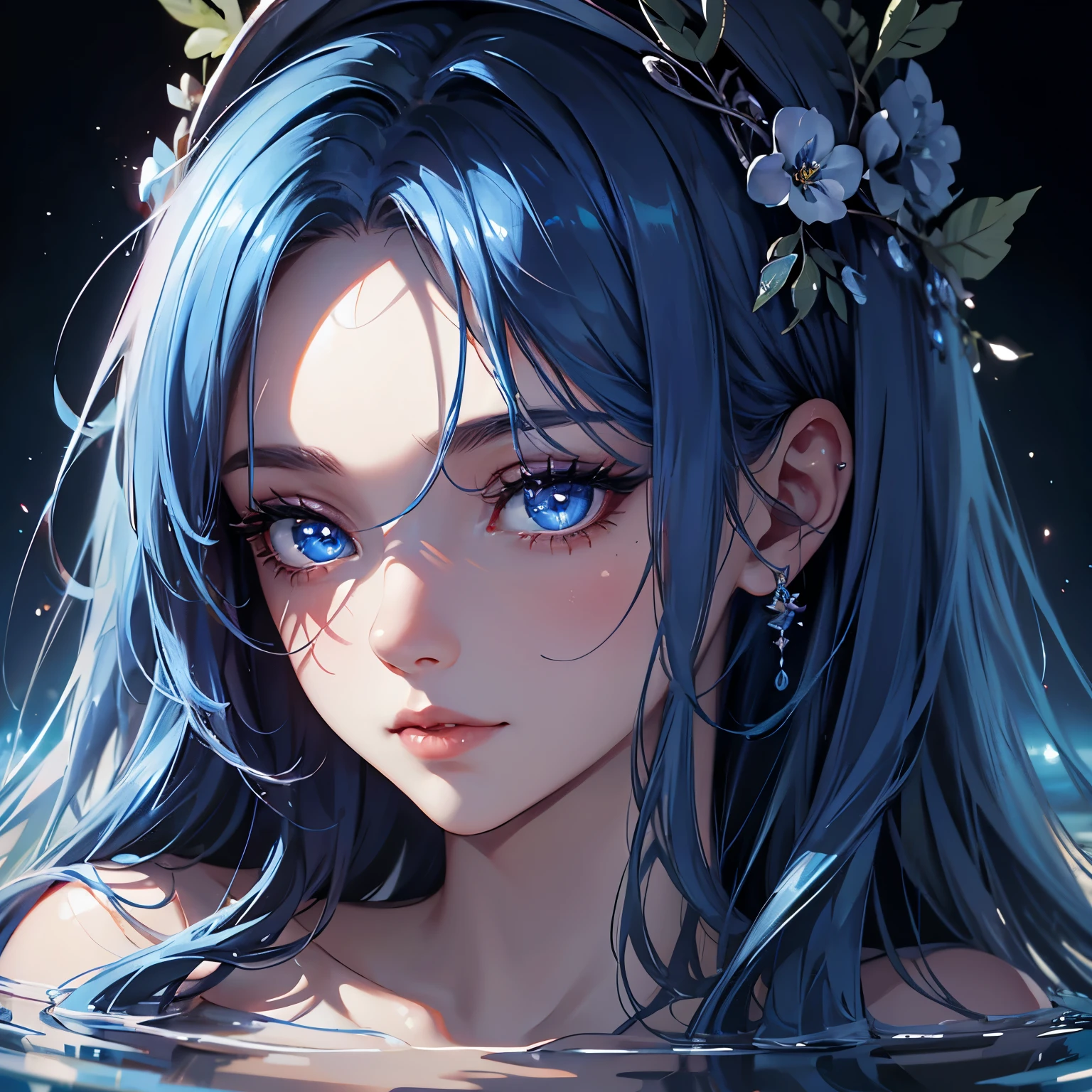 woman, clear skin, detailed eyes, pretty lashes,earth goddess, half is made of water, glowing eyes, close up, clear gorgeous eyes, portrait, blue hair