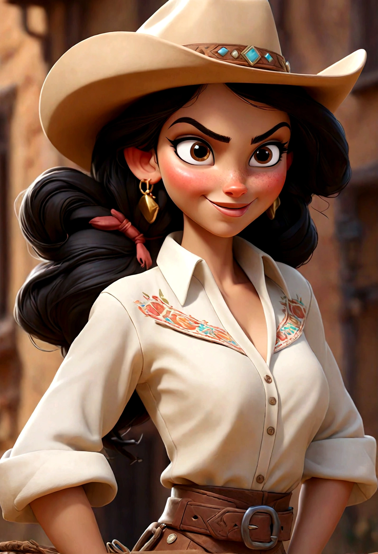 (Best quality, high resolution: 1.2), Ultra-detailed, (Realistic: 1.37) spanish woman, black hair, brown eyes, smiling, small cheast, 20 years, full body, whith a skirt and cropped white shirt in cowgirl style, saloon