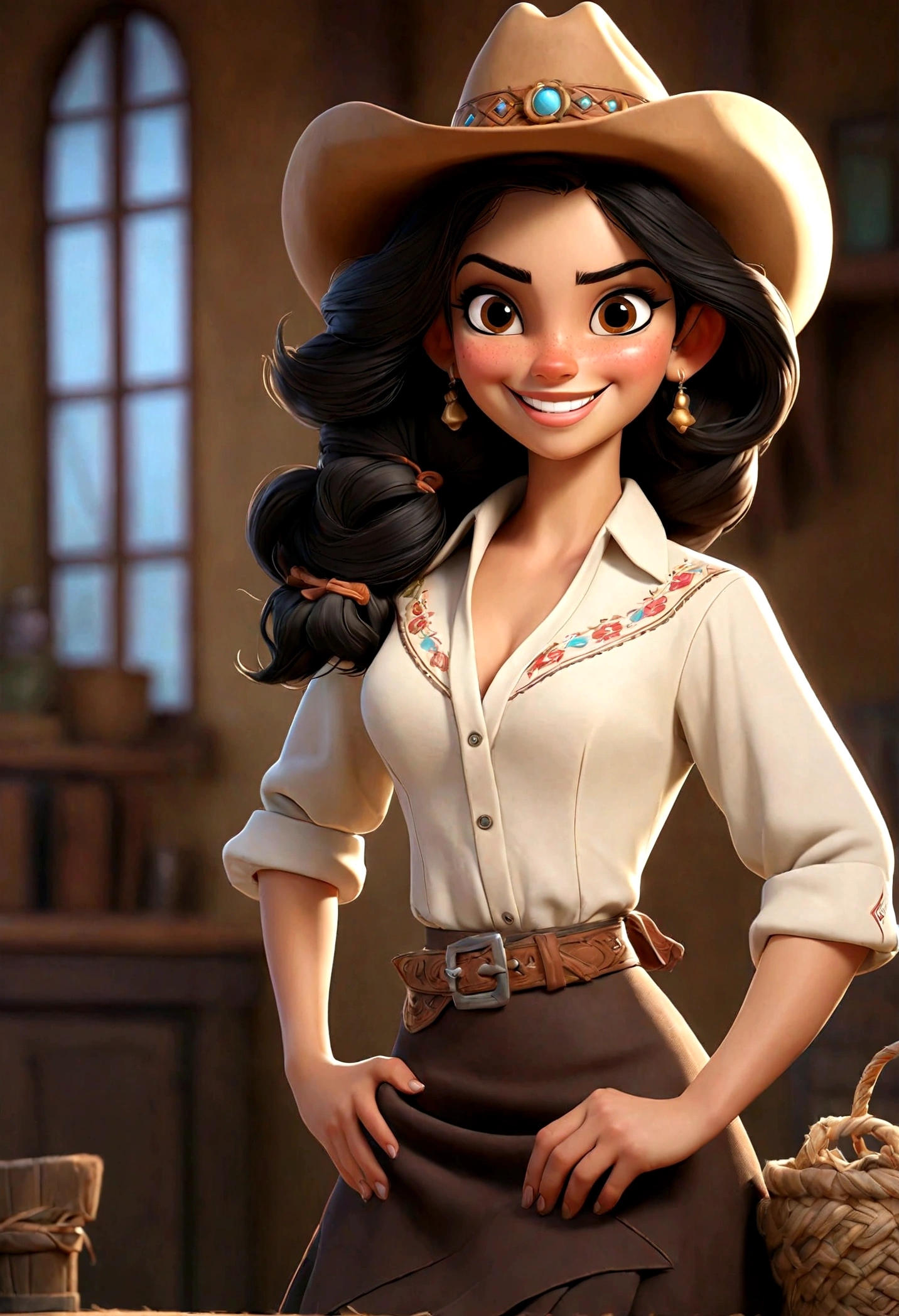 (Best quality, high resolution: 1.2), Ultra-detailed, (Realistic: 1.37) spanish woman, black hair, brown eyes, smiling, small cheast, 20 years, full body, whith a skirt and cropped white shirt in cowgirl style, saloon