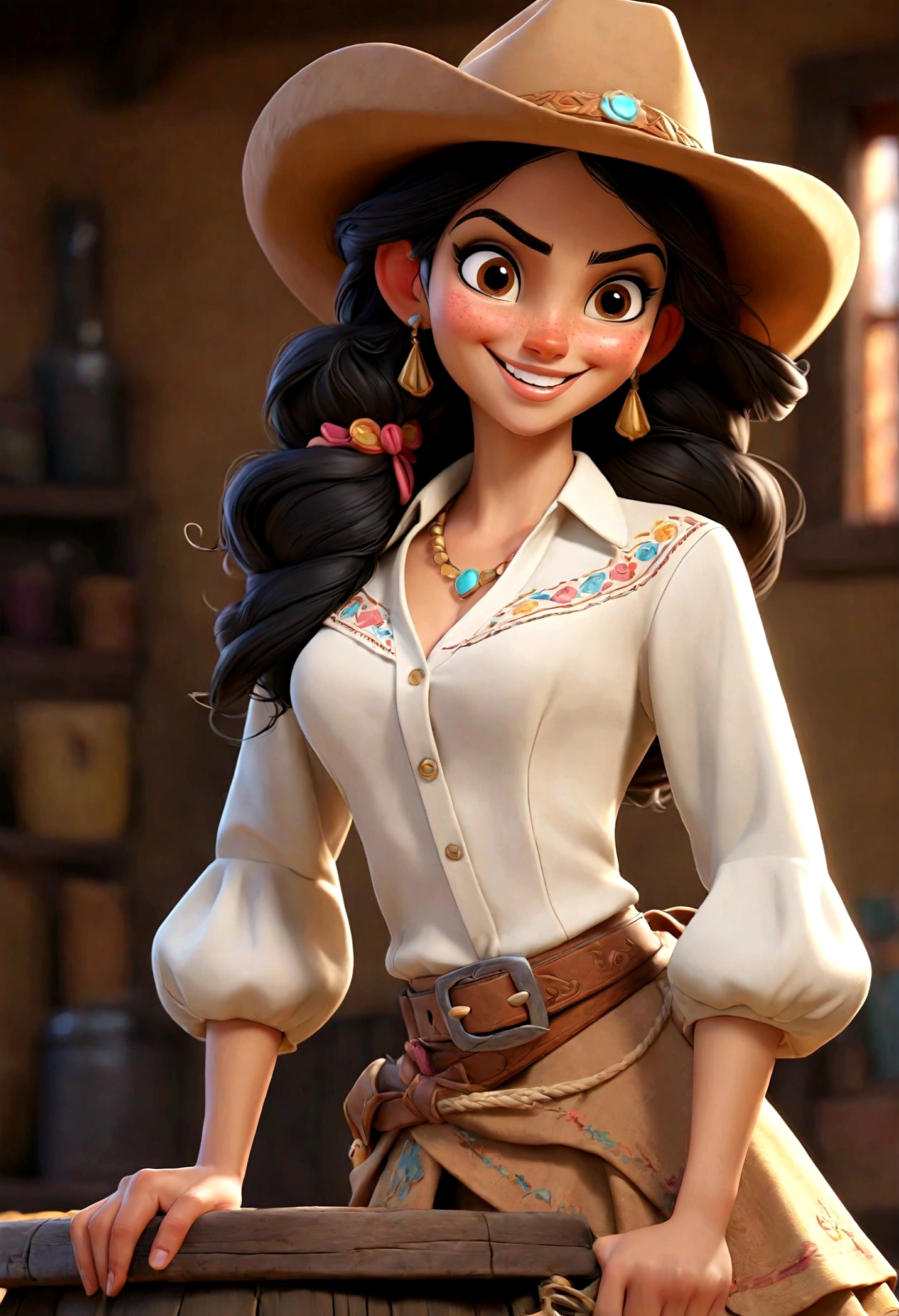 (Best quality, high resolution: 1.2), Ultra-detailed, (Realistic: 1.37) spanish woman, black hair, brown eyes, smiling, small cheast, 20 years, full body, whith a skirt and cropped white shirt in cowgirl style, saloon