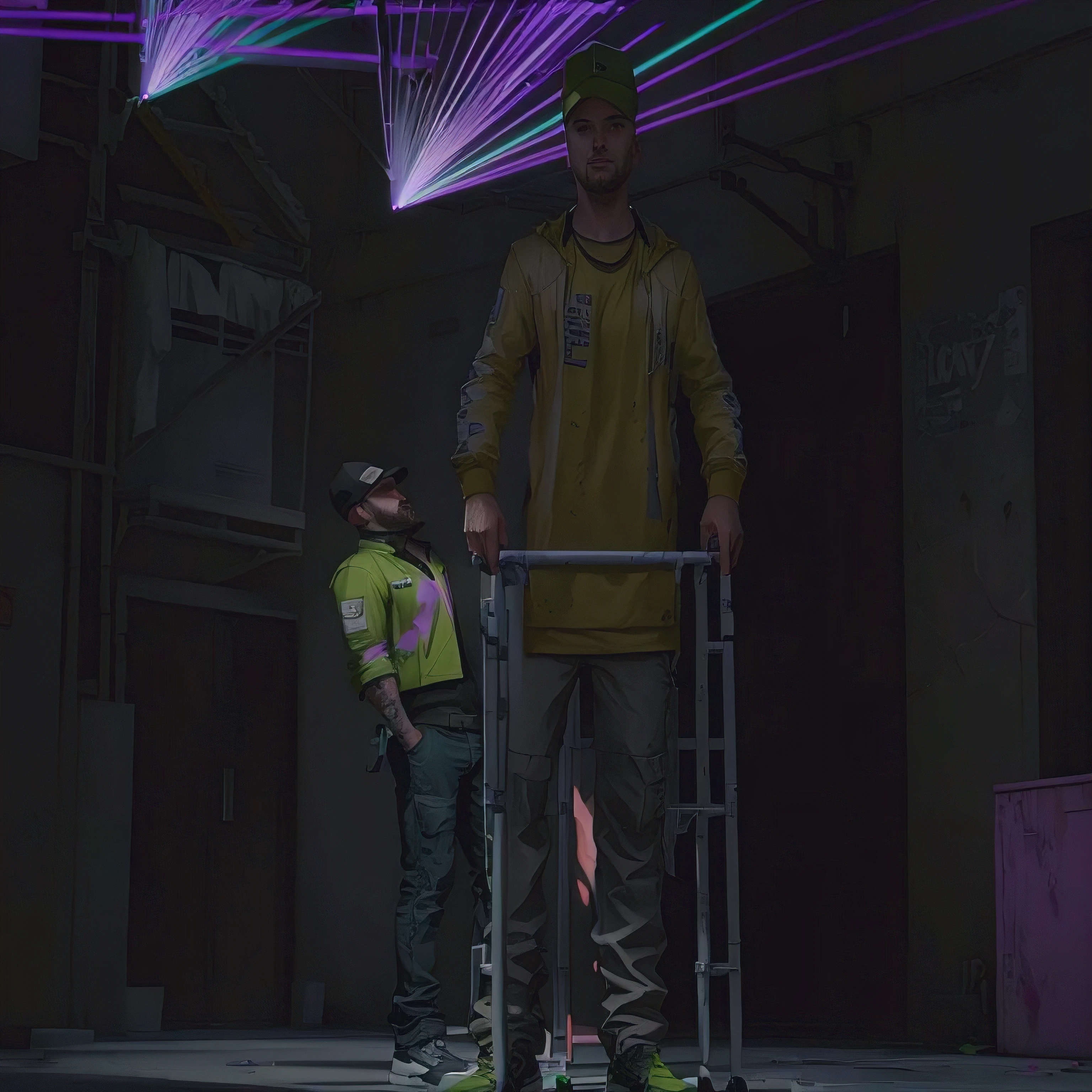 there is a man standing next to a man on a walker, jesse pinkman in gta v, as a character from gtav, gta 5 screenshot, gta v screenshot, in gta v, gta v character, gta character, screenshot from gta v, standing on a ladder, gta, ariana grande in gta v, gta v gameplay screenshot, video game screenshot>