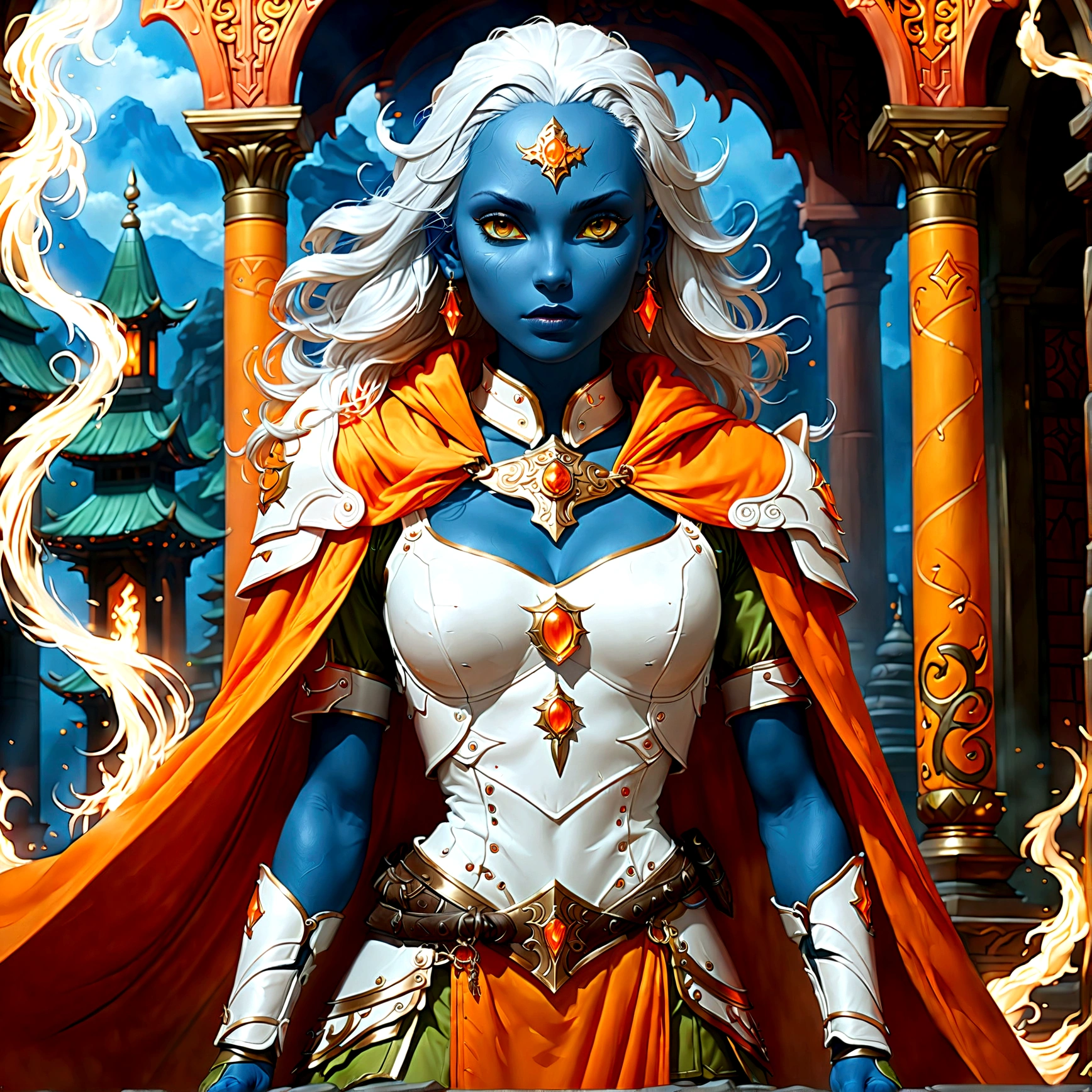 fantasy art, dnd art, RPG art, wide shot, (masterpiece: 1.4) a (portrait: 1.3) intense details, highly detailed, photorealistic, best quality, highres, portrait a female (fantasy art, Masterpiece, best quality: 1.3) ((blue skin: 1.5)), intense details facial details, exquisite beauty, (fantasy art, Masterpiece, best quality) cleric, (blue skinned: 1.3) female, white hair, long hair, (no ears: 1.5), (green eyes: 1.3), armed with a fiery sword red fire, wearing heavy (white armor: 1.3), wearing high heeled laced boots, wearing an (orange cloak:1.3), wearing glowing holy symbol GlowingRunes_yellow, within fantasy temple background, reflection light, high details, best quality, 16k, [ultra detailed], masterpiece, best quality, (extremely detailed), close up, ultra wide shot, photorealistic, RAW, fantasy art, dnd art, fantasy art, realistic art,((best quality)), ((masterpiece)), (detailed), perfect face, Cinematic Hollywood Film style