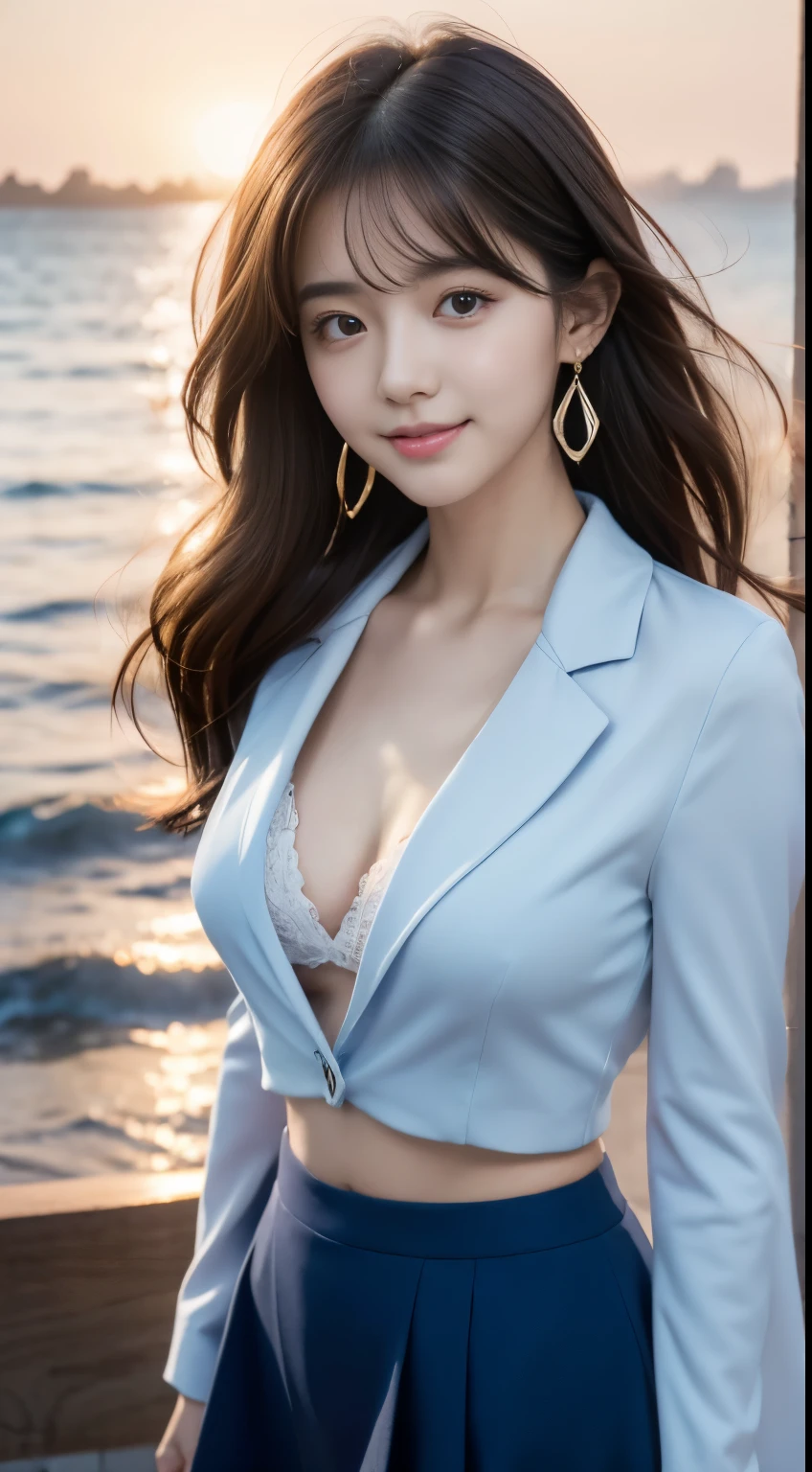 Woman standing in the sea as the sun rises、Sea at dawn、(Wearing a navy blue blazer、Wearing a white blouse、She is wearing a light blue flared skirt)、Wearing pumps、The wind is blowing、A bag is hanging from the right shoulder、Beauty、20-year-old、university student、Uniform, cool-looking eyes、Well-balanced proportionedium build、Small face、Small breasts、Small Ass、The neck is short、Uniform left and right eyes、, black hair, long hair, messy hair, floating hair, earrings, parted lips, happy, seductive smile, symbol-shaped pupils, Surrealism, Verism, cinematic lighting, first-person view, f/1.2, Nikon, UHD, best quality, highres, 8k, anatomically correct, textured skin, high details